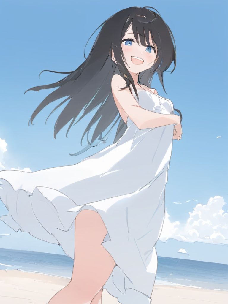 jianniai,(masterpiece, best quality), 1girl, very long hair, solo, sidelocks, white dress, smile, blunt bangs, sundres, outdoors, black hair, ocean, beach, blue eyes, standing, sky, sleeveless dress, day, blush, small breasts, feet out of frame, bare shoulders, cloud <lora:33332-000005:1>