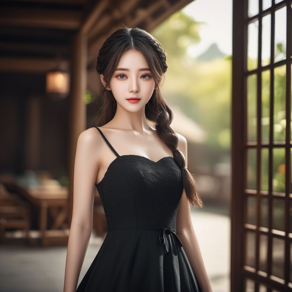 RAW photo, highest quality, (masterpiece:1.2), (High detail RAW color photo professional close-up photo), (photo realism:1.37), (highest quality), (best shadow), (best illustration), ultra high resolution, (highly detailed CG unified 8K wallpapers), physics-based rendering, 8k, UHD, anatomically correct, textured skin, ccurate, super detail,(aegyo sal), (ulzzang-6500-v1.1:0.3),1girl,solo,(full body:1.44),extremely detailed hair, Perfect face shape, Perfect mouth shape, beautiful detailed girl, smile, extremely detailed eyes and face, Perfect Fingers,(fair face:1.2),(low twintails:1.45), (Moderate breast:1.2),skinny,(Slim thighs:1.2),elegant_dress,(arms behind back:1.35),(guzhen:1.38),(depth of field:1.35),black dress, , <lora:EMS-21302-EMS:0.5>, <lora:EMS-26581-EMS:0.6>