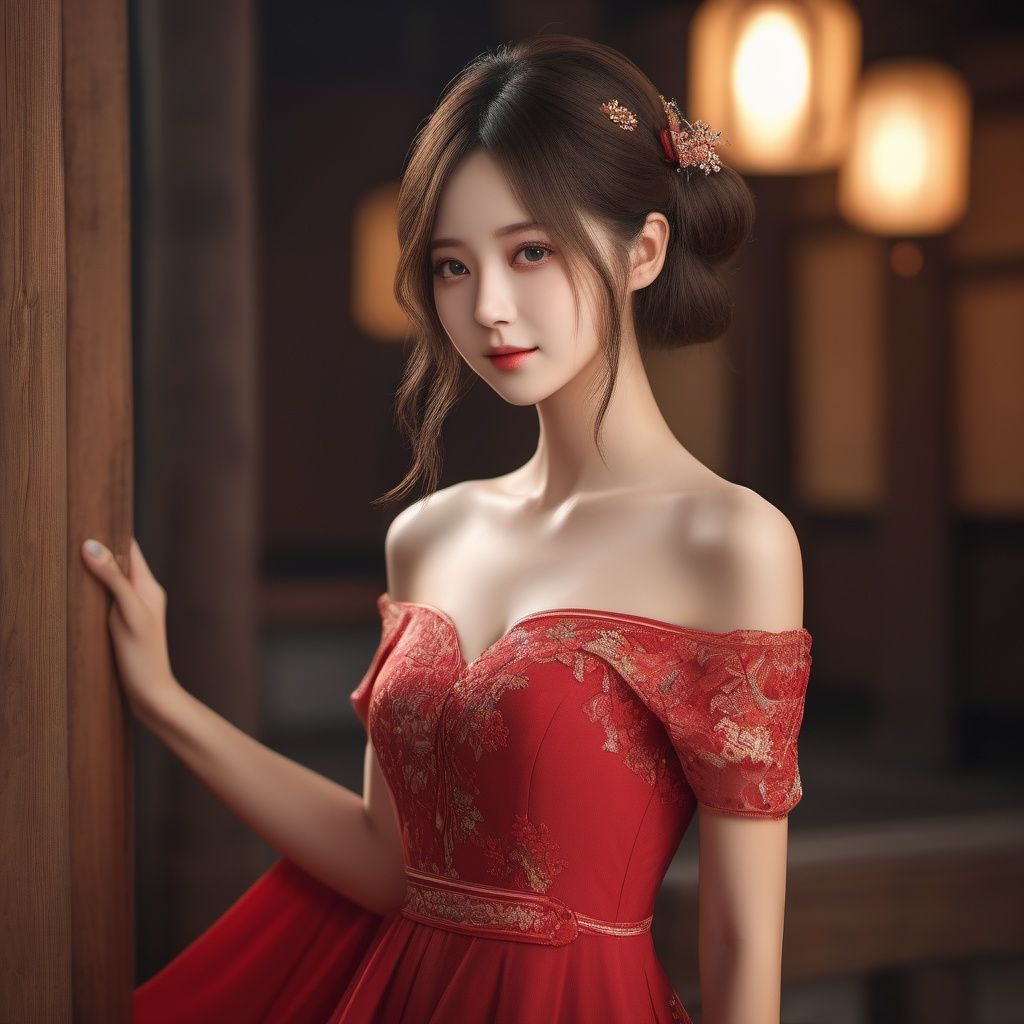 RAW photo, highest quality, (masterpiece:1.2), (High detail RAW color photo professional close-up photo), (photo realism:1.37), (highest quality), (best shadow), (best illustration), ultra high resolution, (highly detailed CG unified 8K wallpapers), physics-based rendering, 8k, UHD, anatomically correct, textured skin, ccurate, super detail,(aegyo sal), (ulzzang-6500-v1.1:0.3),1girl,solo,(full body:1.44),extremely detailed hair, Perfect face shape, Perfect mouth shape, beautiful detailed girl, smile, extremely detailed eyes and face, Perfect Fingers,(fair face:1.2),(low twintails:1.45), (Moderate breast:1.2),skinny,(Slim thighs:1.2),elegant_dress,(arms behind back:1.35),(guzhen:1.38),(depth of field:1.35),Red Dress, , <lora:EMS-26581-EMS:0.6>, <lora:EMS-21302-EMS:0.5>
