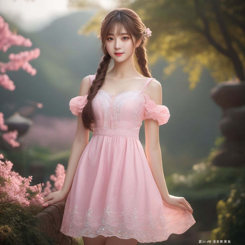 RAW photo, highest quality, (masterpiece:1.2), (High detail RAW color photo professional close-up photo), (photo realism:1.37), (highest quality), (best shadow), (best illustration), ultra high resolution, (highly detailed CG unified 8K wallpapers), physics-based rendering, 8k, UHD, anatomically correct, textured skin, ccurate, super detail,(aegyo sal), (ulzzang-6500-v1.1:0.3),1girl,solo,(full body:1.44),extremely detailed hair, Perfect face shape, Perfect mouth shape, beautiful detailed girl, smile, extremely detailed eyes and face, Perfect Fingers,(fair face:1.2),(low twintails:1.45), (Moderate breast:1.2),skinny,(Slim thighs:1.2),elegant_dress,(arms behind back:1.35),(guzhen:1.38),(depth of field:1.35),pink dress, , <lora:EMS-26581-EMS:0.6>, <lora:EMS-21302-EMS:0.4>
