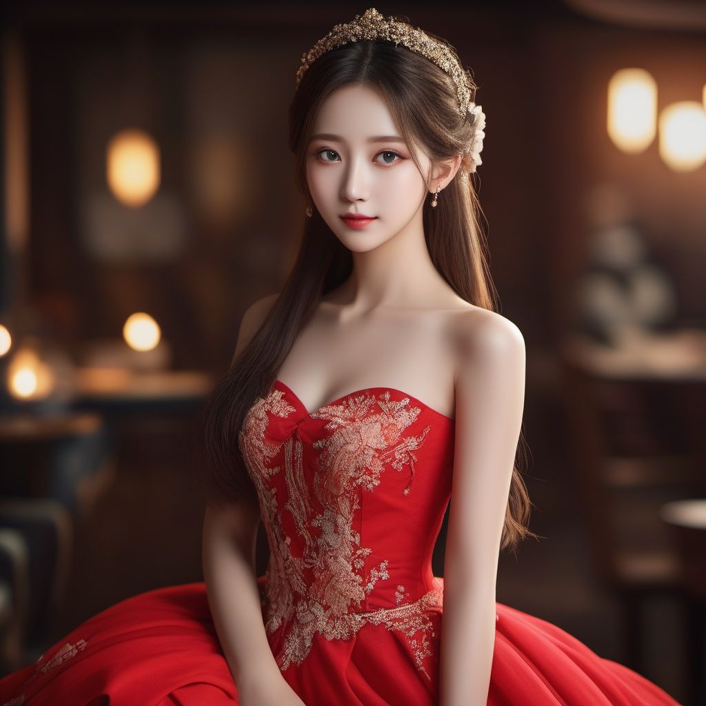 RAW photo, highest quality, (masterpiece:1.2), (High detail RAW color photo professional close-up photo), (photo realism:1.37), (highest quality), (best shadow), (best illustration), ultra high resolution, (highly detailed CG unified 8K wallpapers), physics-based rendering, 8k, UHD, anatomically correct, textured skin, ccurate, super detail,(aegyo sal), (ulzzang-6500-v1.1:0.3),1girl,solo,(full body:1.44),extremely detailed hair, Perfect face shape, Perfect mouth shape, beautiful detailed girl, smile, extremely detailed eyes and face, Perfect Fingers,(fair face:1.2),(low twintails:1.45), (Moderate breast:1.2),skinny,(Slim thighs:1.2),elegant_dress,(arms behind back:1.35),(guzhen:1.38),(depth of field:1.35),Red Dress, , <lora:EMS-26581-EMS:0.6>, <lora:EMS-21302-EMS:0.5>