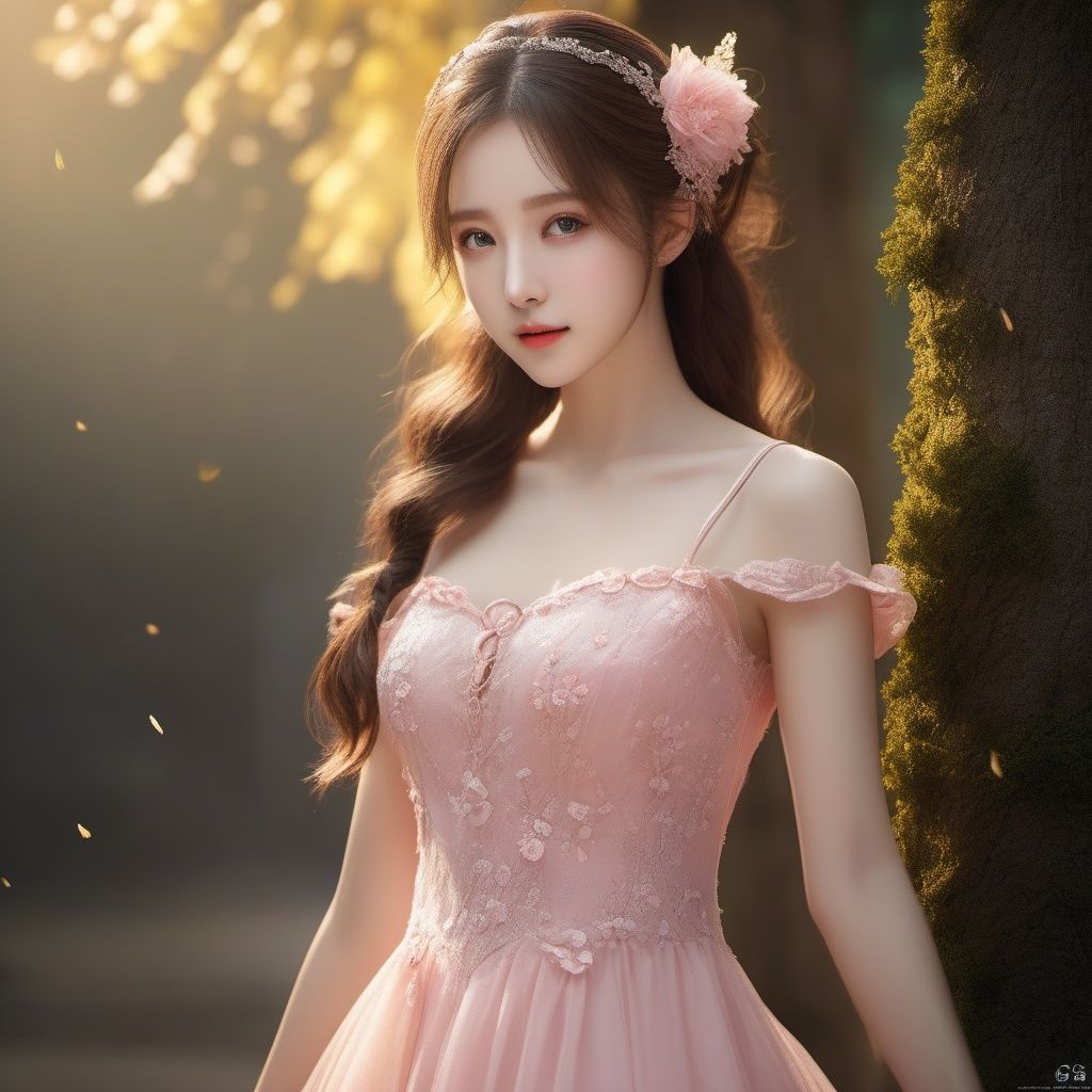 RAW photo, highest quality, (masterpiece:1.2), (High detail RAW color photo professional close-up photo), (photo realism:1.37), (highest quality), (best shadow), (best illustration), ultra high resolution, (highly detailed CG unified 8K wallpapers), physics-based rendering, 8k, UHD, anatomically correct, textured skin, ccurate, super detail,(aegyo sal), (ulzzang-6500-v1.1:0.3),1girl,solo,(full body:1.44),extremely detailed hair, Perfect face shape, Perfect mouth shape, beautiful detailed girl, smile, extremely detailed eyes and face, Perfect Fingers,(fair face:1.2),(low twintails:1.45), (Moderate breast:1.2),skinny,(Slim thighs:1.2),elegant_dress,(arms behind back:1.35),(guzhen:1.38),(depth of field:1.35),pink dress, 