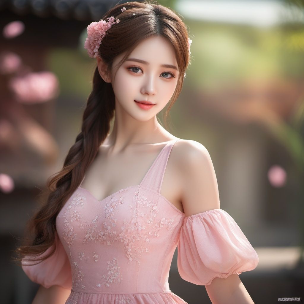RAW photo, highest quality, (masterpiece:1.2), (High detail RAW color photo professional close-up photo), (photo realism:1.37), (highest quality), (best shadow), (best illustration), ultra high resolution, (highly detailed CG unified 8K wallpapers), physics-based rendering, 8k, UHD, anatomically correct, textured skin, ccurate, super detail,(aegyo sal), (ulzzang-6500-v1.1:0.3),1girl,solo,(full body:1.44),extremely detailed hair, Perfect face shape, Perfect mouth shape, beautiful detailed girl, smile, extremely detailed eyes and face, Perfect Fingers,(fair face:1.2),(low twintails:1.45), (Moderate breast:1.2),skinny,(Slim thighs:1.2),elegant_dress,(arms behind back:1.35),(guzhen:1.38),(depth of field:1.35),pink dress, 