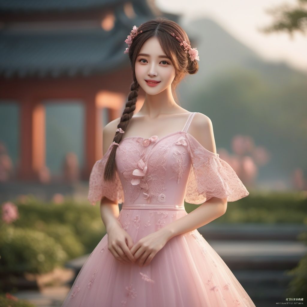 RAW photo, highest quality, (masterpiece:1.2), (High detail RAW color photo professional close-up photo), (photo realism:1.37), (highest quality), (best shadow), (best illustration), ultra high resolution, (highly detailed CG unified 8K wallpapers), physics-based rendering, 8k, UHD, anatomically correct, textured skin, ccurate, super detail,(aegyo sal), (ulzzang-6500-v1.1:0.3),1girl,solo,(full body:1.44),extremely detailed hair, Perfect face shape, Perfect mouth shape, beautiful detailed girl, smile, extremely detailed eyes and face, Perfect Fingers,(fair face:1.2),(low twintails:1.45), (Moderate breast:1.2),skinny,(Slim thighs:1.2),elegant_dress,(arms behind back:1.35),(guzhen:1.38),(depth of field:1.35),pink dress, , <lora:EMS-26581-EMS:0.6>, <lora:EMS-21302-EMS:0.4>
