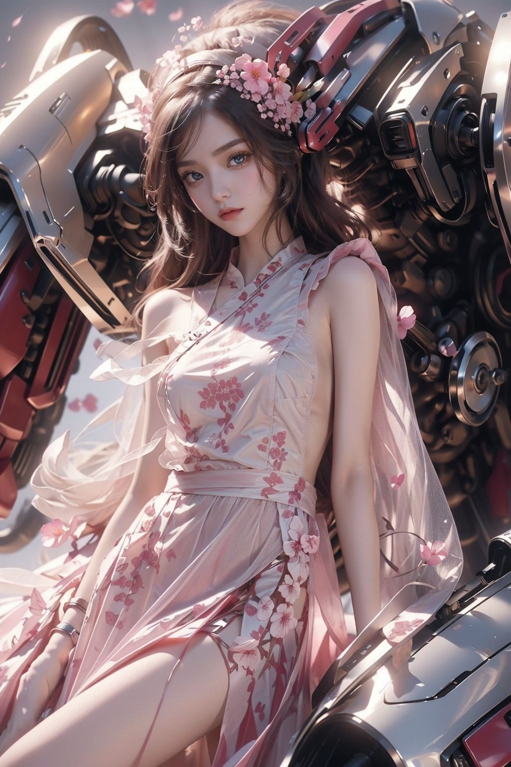 Sitting on the mecha, Flower lanterns, Strong winds, (((Wind blows long hair and dress: 1.9)), Long hair reaching the waist, (long hair flying: 1.5), Thin gauze semi transparent ancient clothing, Tang clothing, Han clothing. Thin gauze semi transparent red skirt. The skirt is very long. (((Night: 1.9))). Women, smiling, full chested, red tulle semi transparent Hanfu, bare feet, silver jewelry, elegant, lightweight, confident, flower posture, wisdom, charming charm, purity, nobility, artistry, beauty, (best quality), masterpiece, highlights, (original), extremely detailed wallpaper, (original: 1.5), (masterpiece: 1.3), (high resolution: 1.3), (an extremely detailed 32k wallpaper: 1.3), (best quality), Highest image quality, exquisite CG, high quality, high completion, depth of field, (1 girl: 1.5), (an extremely delicate and beautiful girl: 1.5), (perfect whole body details: 1.5), beautiful and delicate nose, beautiful and delicate lips, beautiful and delicate eyes, (clear eyes: 1.3), beautiful and delicate facial features, beautiful and delicate face, hand processing, hand optimization, hand detail optimization, hand detail processing, detailed beautiful clothes, complex details, Extreme detail portrayal, HDR, detailed background, realistic, (transparent PViridescent colors: 1.3),1girl,girl,Chinese art,Super long legs,2D conceptual design,Pink Machine,spread leg,machinery,shidudou,Naked apron,huliya,少女