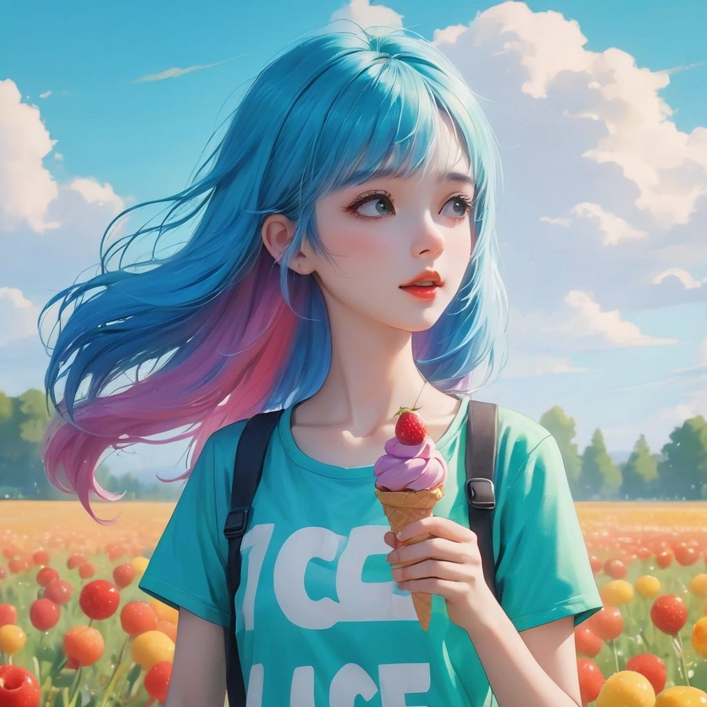 hud,Super detailed details, long hair, youth, A cute girl with colored hair wearing a colorful t-shirt walks the field with ice cream, 4K, BEST QUALITY