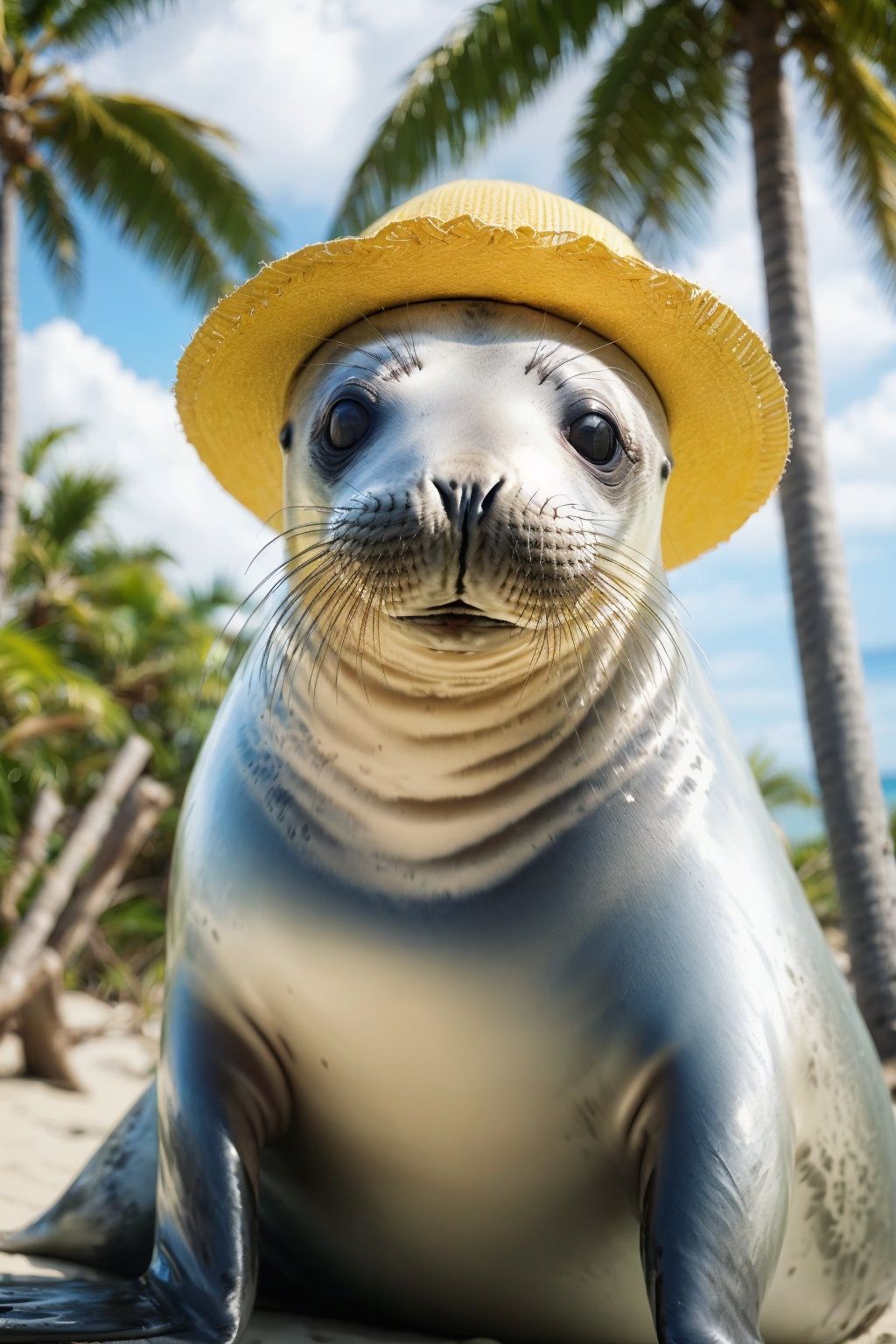 A seal cub, Surprised expression, Look at the camera., real, Professional photography, A group of seals, Beach, Palm tree, Coconut tree, Tropical plants n, Smooth hair, Lovely, Look at the camera., Variant varieties, (Yellow hat: 1.2), No one, UHD, best quality, 16k
