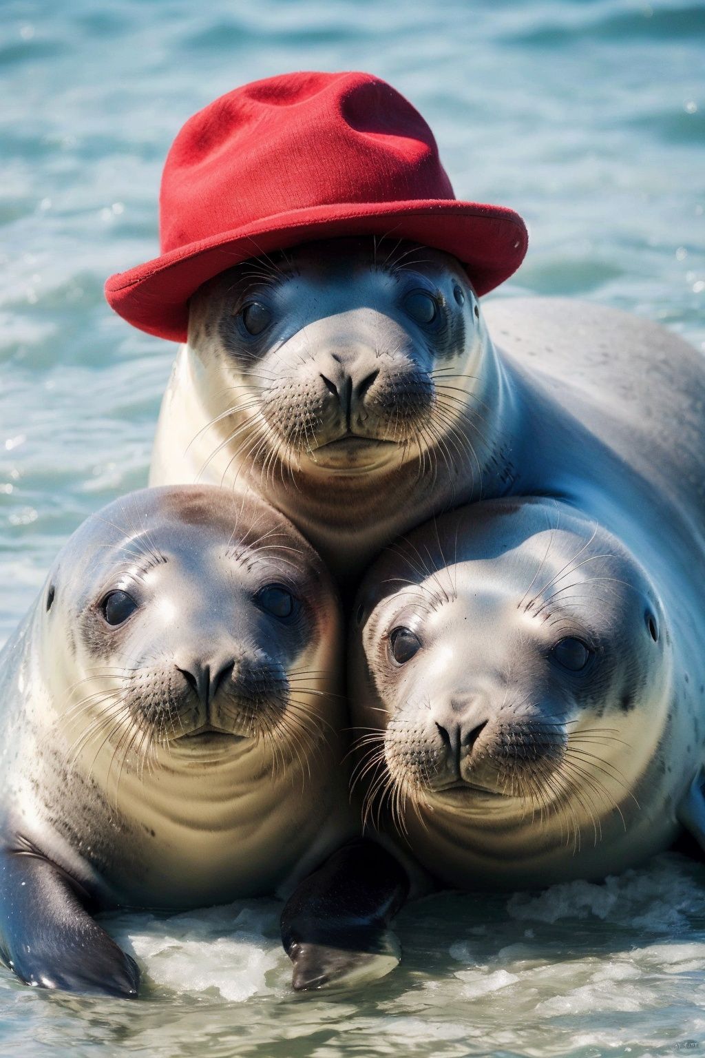 real, Professional photography, A group of seals, Smooth hair, Lovely, Look at the camera., Variant varieties, A red hat, (Red hat: 1.2), No one, UHD, best quality, 16k