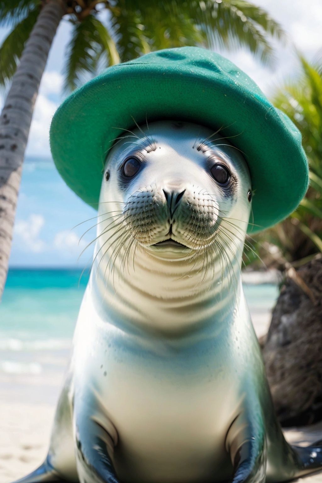A seal, Surprised expression, Look at the camera real, Professional photography, A group of seals, Beach, Palm tree, Coconut tree, Tropical plants n, Smooth hair, Lovely, Look at the camera., Variant varieties, (Green hat: 1.2), No one, UHD, best quality, 16k
