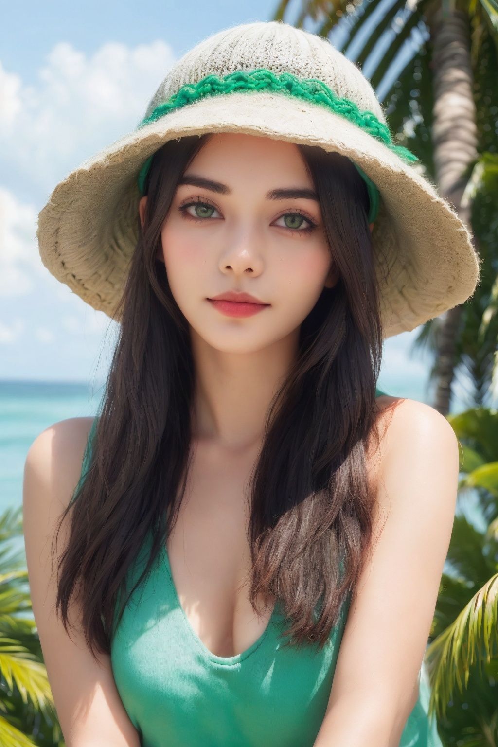 real, Professional photography, A group of seals, Beach, Palm tree, Coconut tree, Tropical plants n, Smooth hair, Lovely, Look at the camera., Variant varieties, (Green hat: 1.2), No one, UHD, best quality, 16k