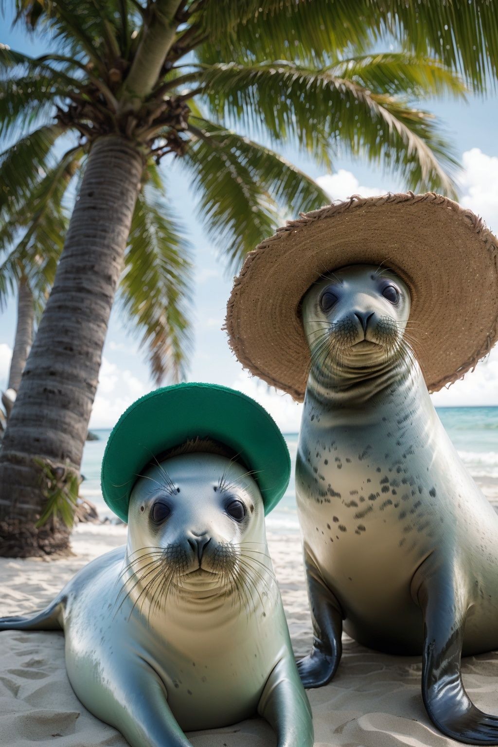 real, Professional photography, A group of seals, Beach, Palm tree, Coconut tree, Tropical plants n, Smooth hair, Lovely, Look at the camera., Variant varieties, A red hat, (Green hat: 1.2), No one, UHD, best quality, 16k