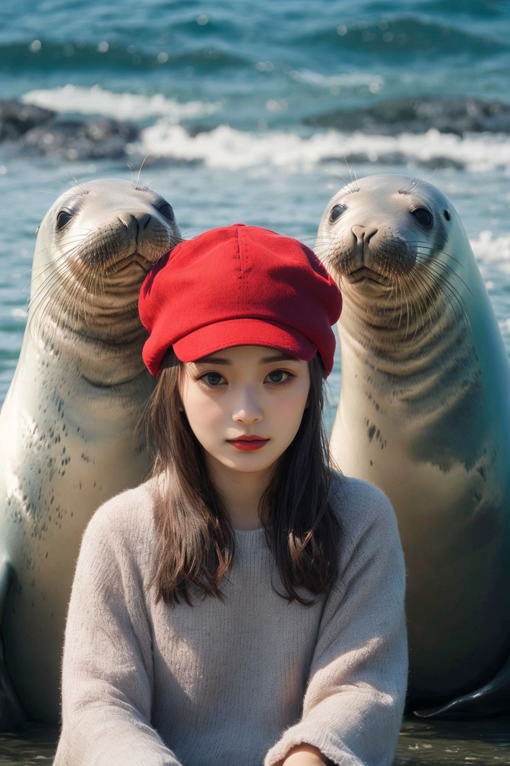 real, Professional photography, A group of seals, Smooth hair, Lovely, Look at the camera., Variant varieties, A red hat, (Red hat: 1.2), No one, UHD, best quality, 16k