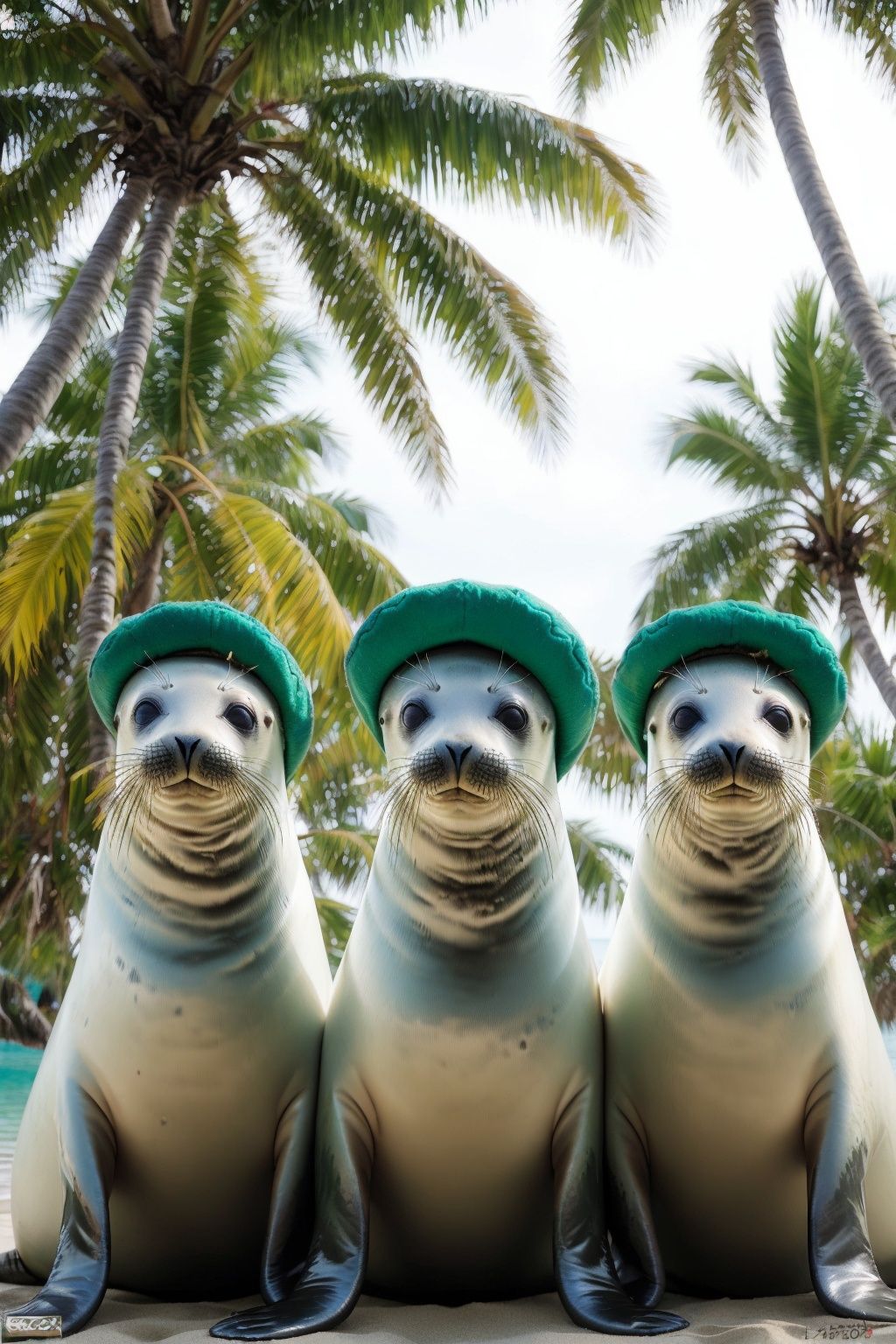 real, Professional photography, A group of seals, Beach, Palm tree, Coconut tree, Tropical plants n, Smooth hair, Lovely, Look at the camera., Variant varieties, (Green hat: 1.2), No one, UHD, best quality, 16k