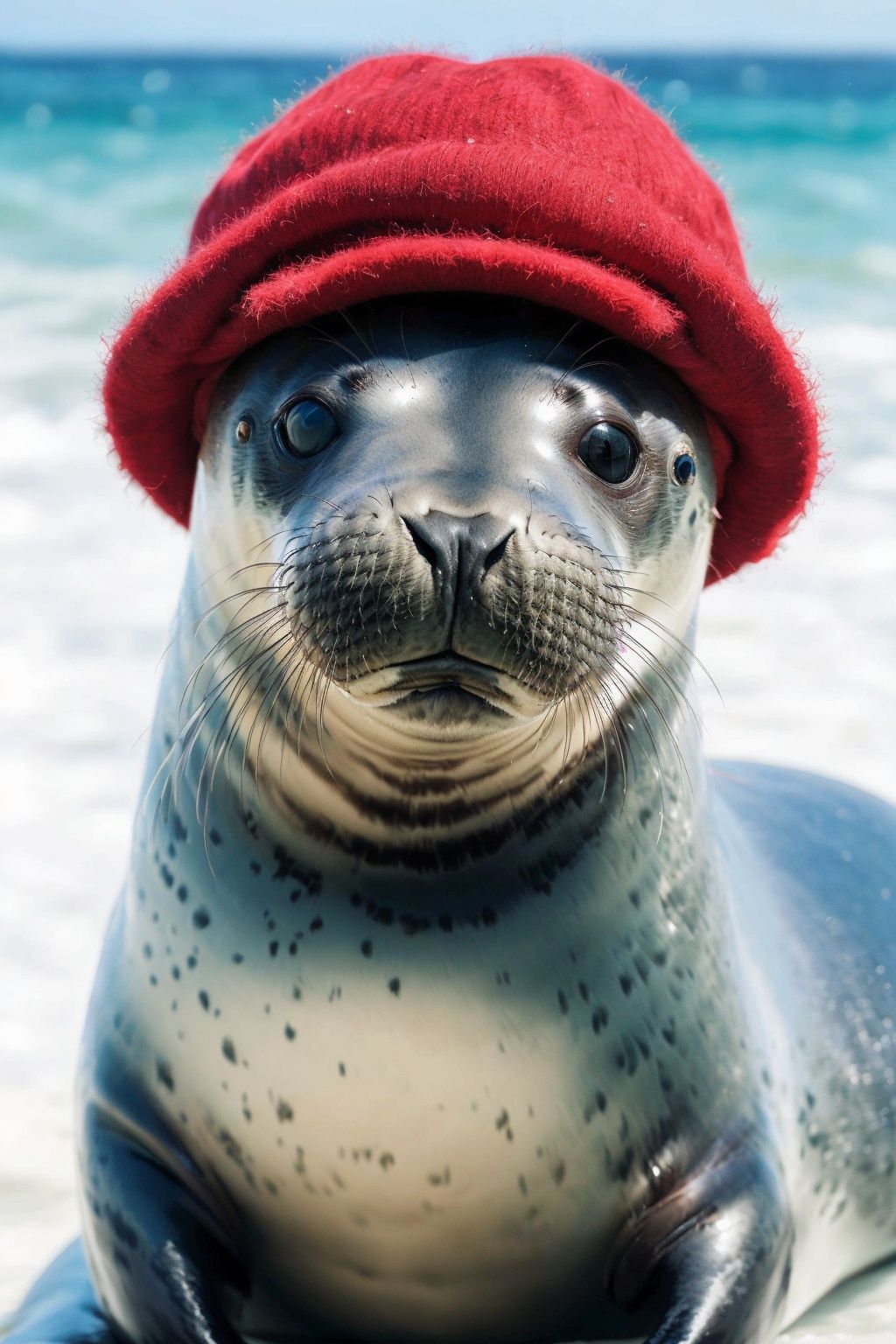 real, Professional photography, A group of seals, Smooth hair, Heart glasses,Lovely, Look at the camera., Variant varieties, A red hat, (Red hat: 1.2), No one, UHD, best quality, 16k