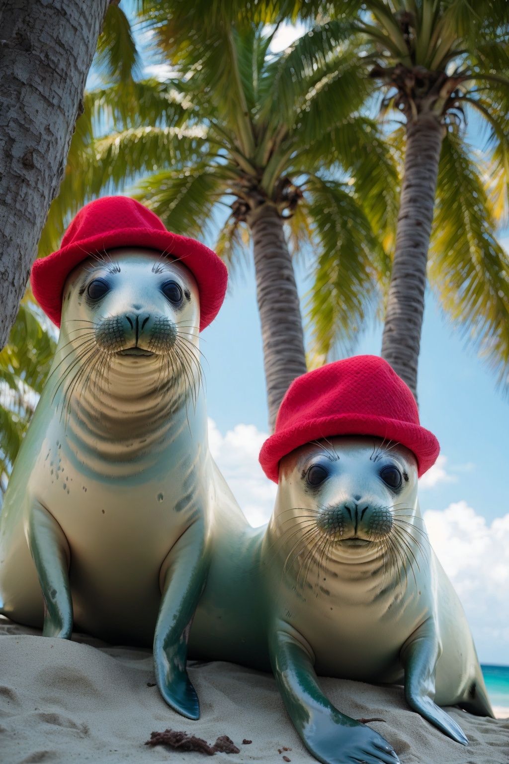 real, Professional photography, A group of seals, Beach, Palm tree, Coconut tree, Tropical plants n, Smooth hair, Lovely, Look at the camera., Variant varieties, A red hat, (Green hat: 1.2), No one, UHD, best quality, 16k