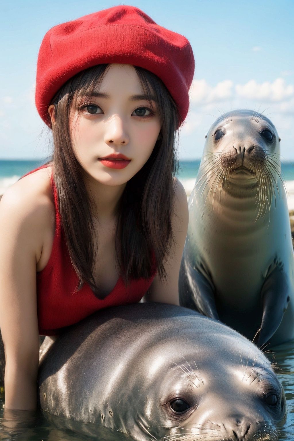 real, Professional photography, A group of seals, Smooth hair, Lovely, Look at the camera., Variant varieties, A red hat, (Red hat: 1.2), No one, UHD, best quality, 16k