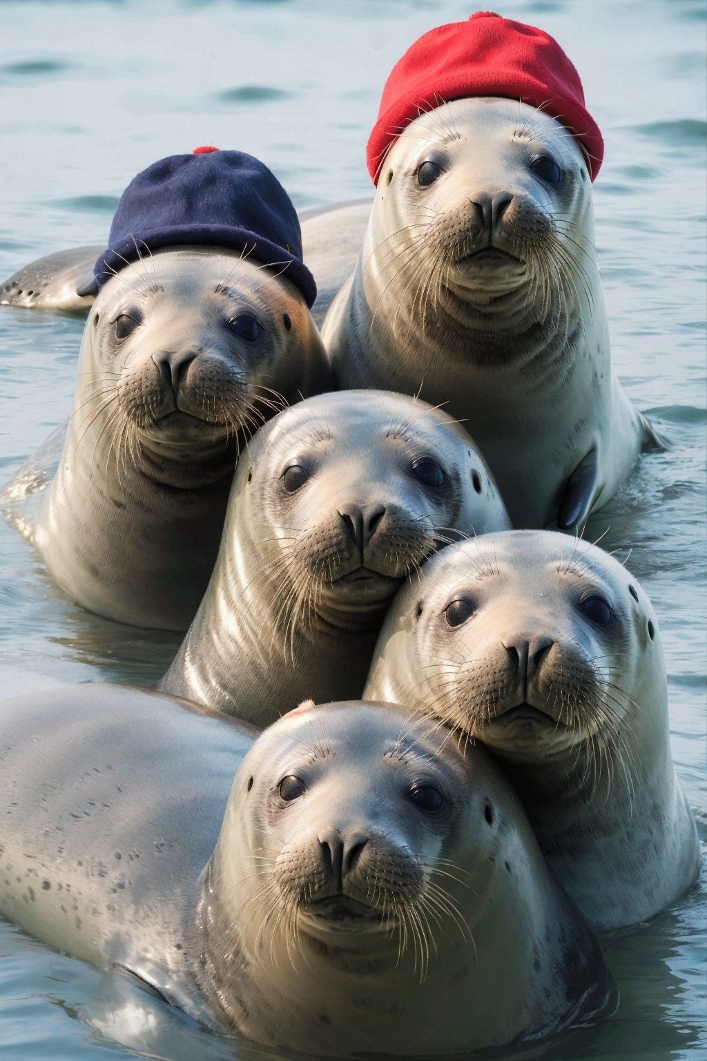 real, Professional photography, A group of seals, Smooth hair, Lovely, Look at the camera., Variant varieties, A red hat, (Red hat: 1.2), No one, UHD, best quality, 16k