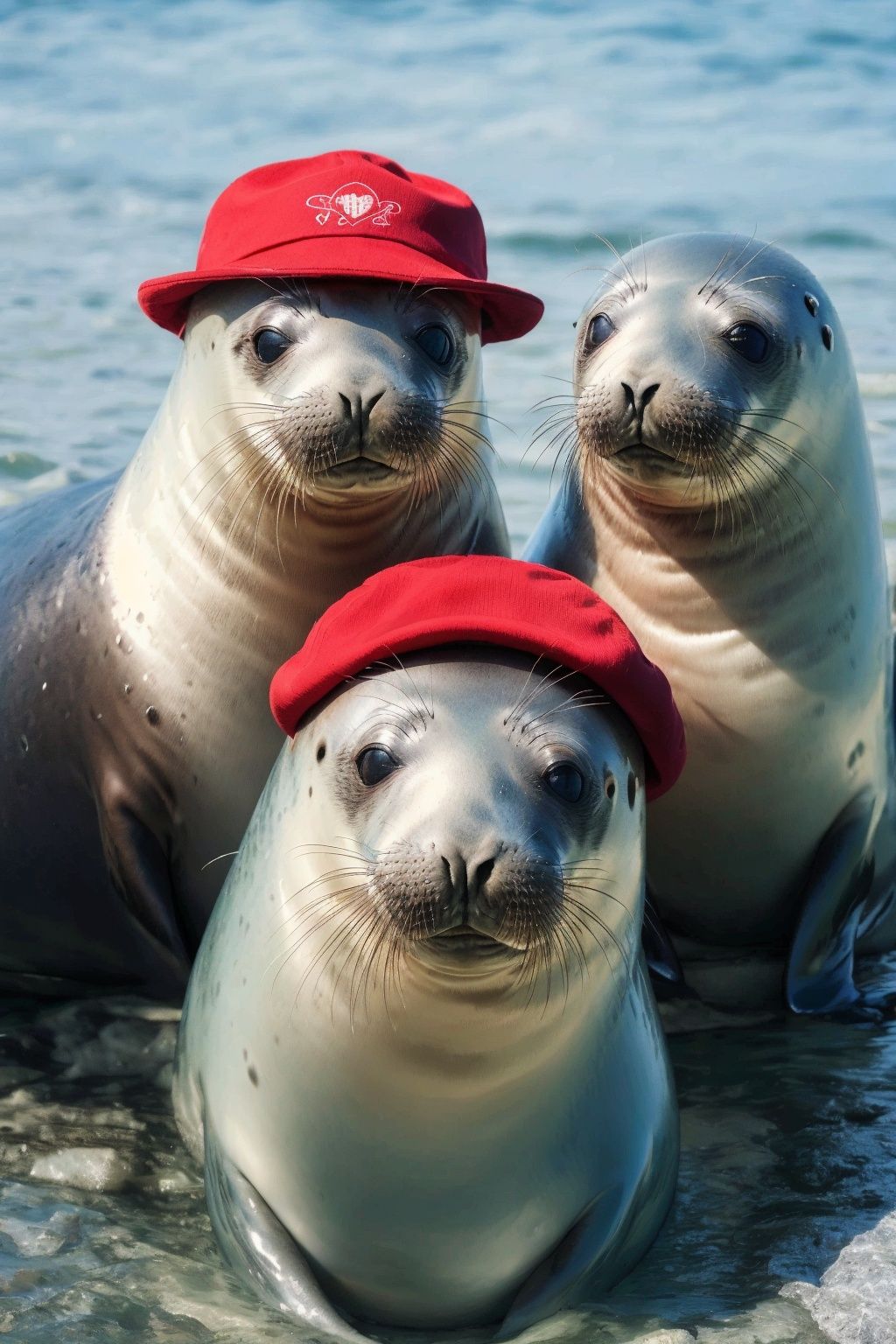 real, Professional photography, A group of seals, Smooth hair, Heart glasses,Lovely, Look at the camera., Variant varieties, A red hat, (Red hat: 1.2), No one, UHD, best quality, 16k
