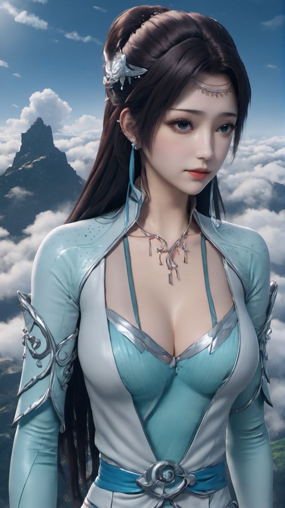 (8k, best quality, masterpiece), (ultra-detailed:1.1), (high detailed skin),1girl, breasts, cleavage, cloud, cloudy_sky, jewelry, long_hair, looking_at_viewer, mountain, sky, solo