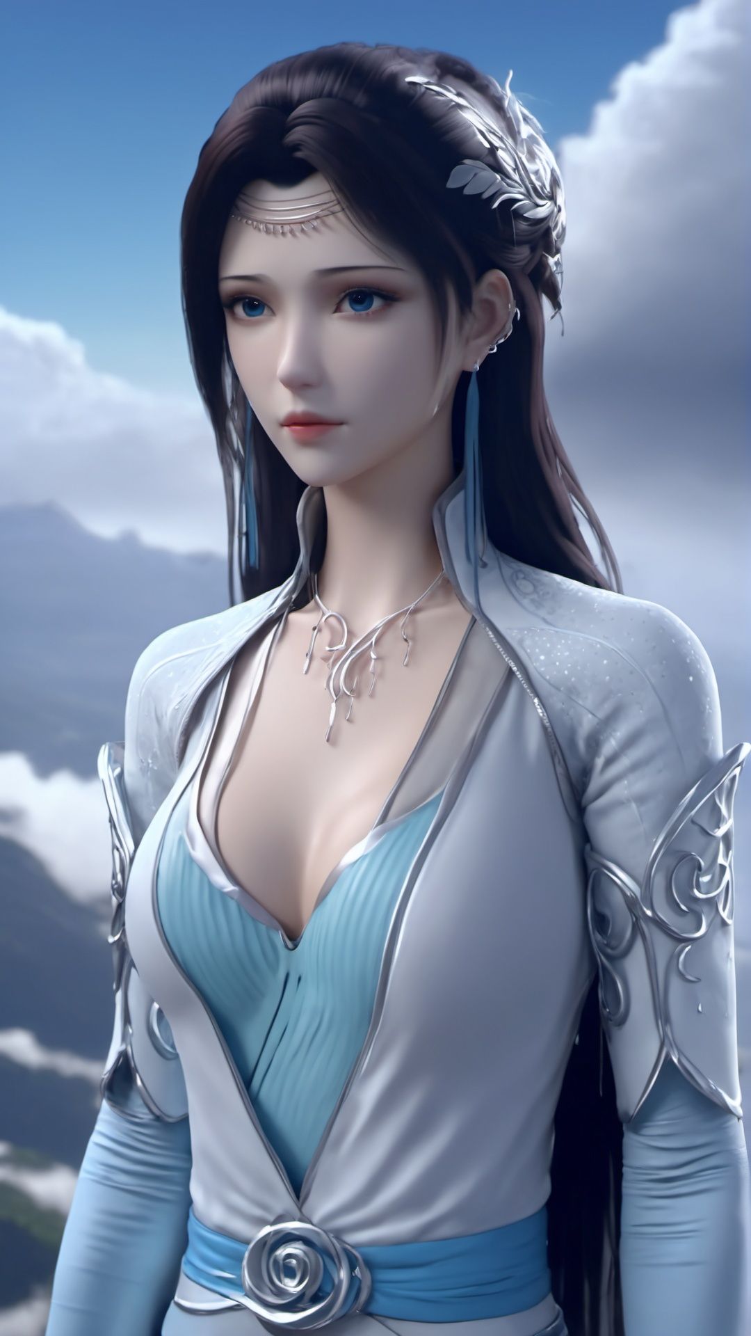 (8k, best quality, masterpiece), (ultra-detailed:1.1), (high detailed skin),1girl, breasts, cleavage, cloud, cloudy_sky, jewelry, long_hair, looking_at_viewer, mountain, sky, solo