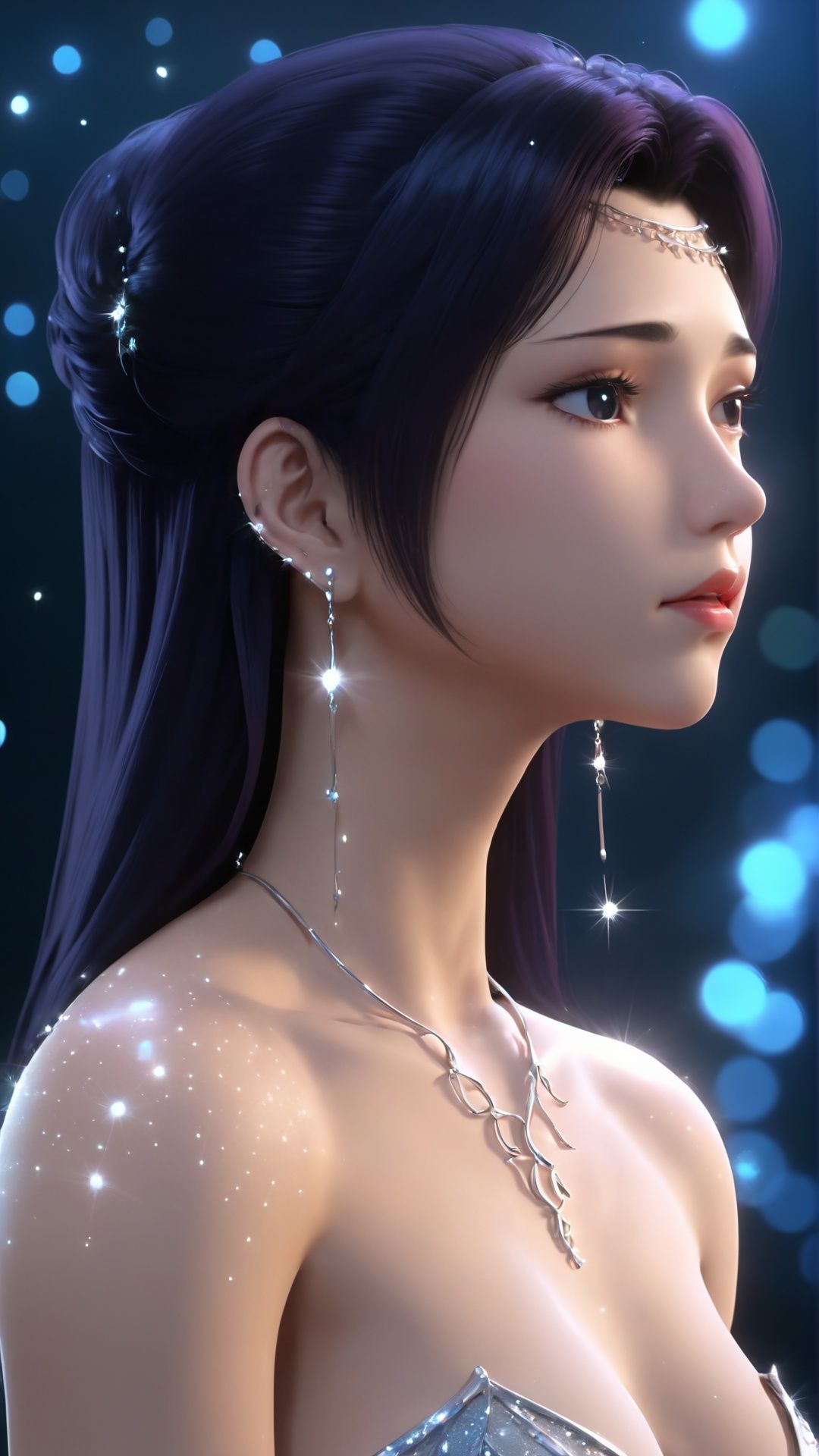 (8k, best quality, masterpiece), (ultra-detailed:1.1), (high detailed skin),1girl, bare_shoulders, black_hair, glowing, light_particles, collarbone, depth_of_field, earrings, jewelry, lips, nose, profile, realistic, solo, upper_body
