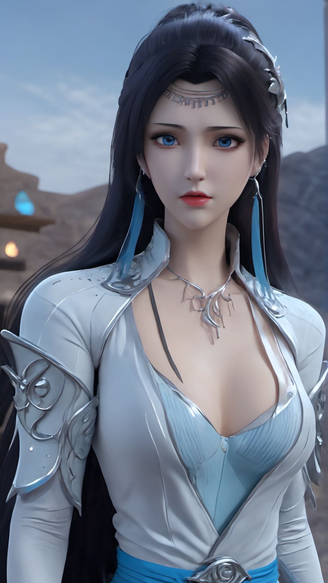 (8k, best quality, masterpiece), (ultra-detailed:1.1), (high detailed skin),1girl, armor, black_hair, blue_eyes, breasts, cleavage, cowboy_shot, earrings, jewelry, lips, lipstick, long_hair, looking_at_viewer, makeup, medium_breasts, solo