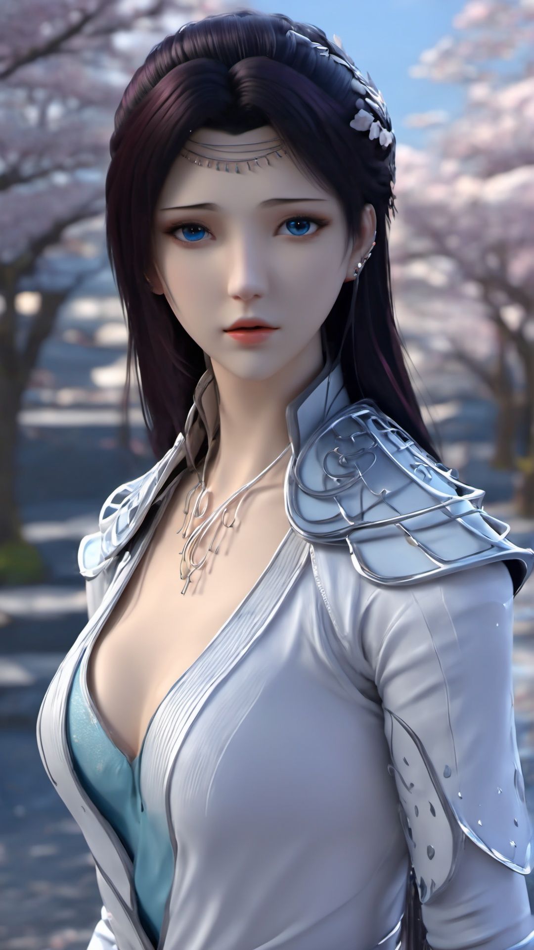 (8k, best quality, masterpiece), (ultra-detailed:1.1), (high detailed skin),1girl, armor, black_hair, blue_eyes, breasts, cherry_blossoms, cleavage, depth_of_field, earrings, flower, jewelry, lips, long_hair, looking_at_viewer, medium_breasts, motion_blur, outdoors, photo_\(medium\), solo, upper_body, water