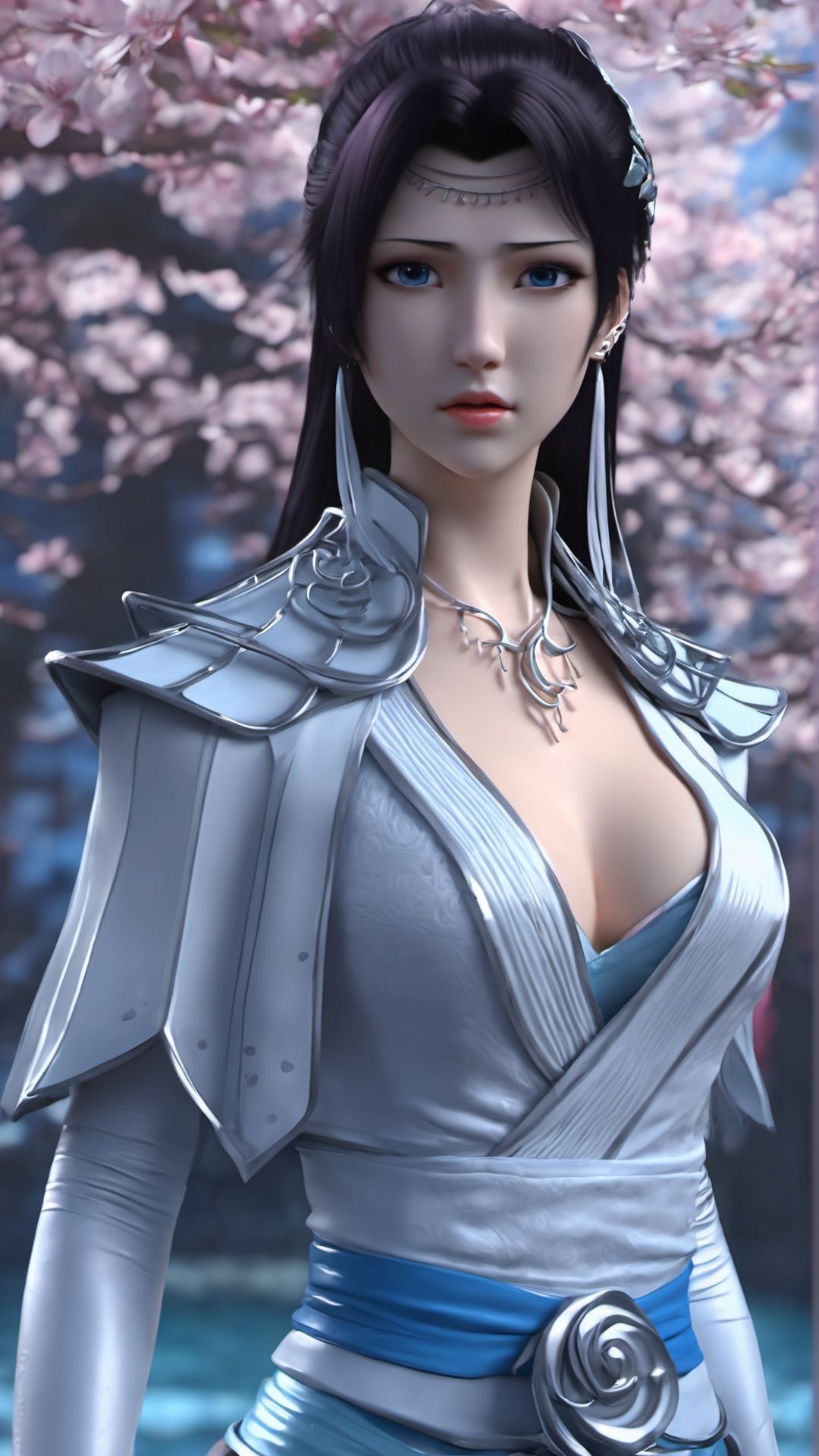 (8k, best quality, masterpiece), (ultra-detailed:1.1), (high detailed skin),1girl, armor, black_hair, blue_eyes, breasts, cherry_blossoms, cleavage, depth_of_field, earrings, flower, jewelry, lips, long_hair, looking_at_viewer, medium_breasts, motion_blur, outdoors, photo_\(medium\), solo, upper_body, water