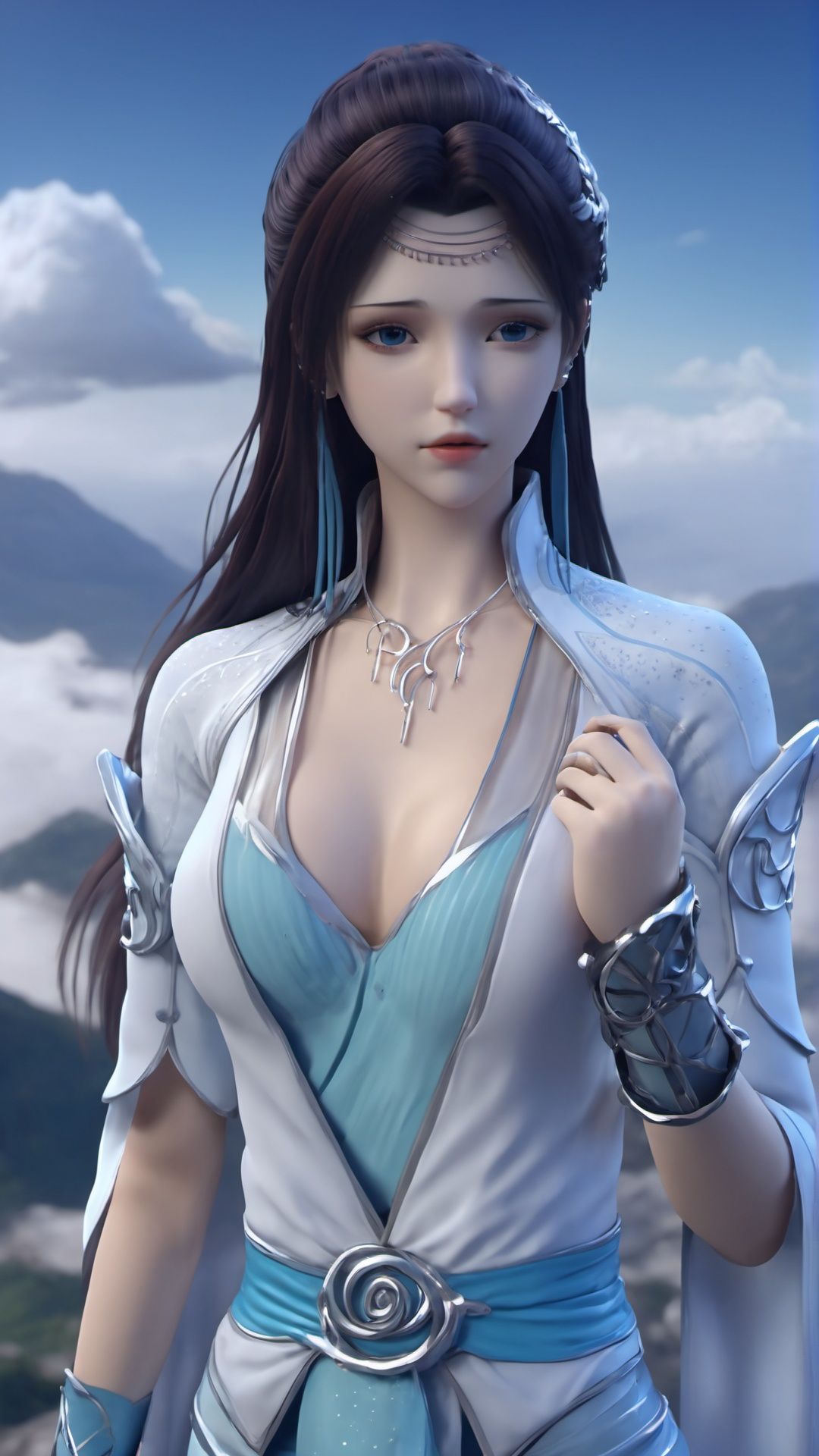 (8k, best quality, masterpiece), (ultra-detailed:1.1), (high detailed skin),1girl, breasts, cleavage, cloud, cloudy_sky, jewelry, long_hair, looking_at_viewer, mountain, sky, solo