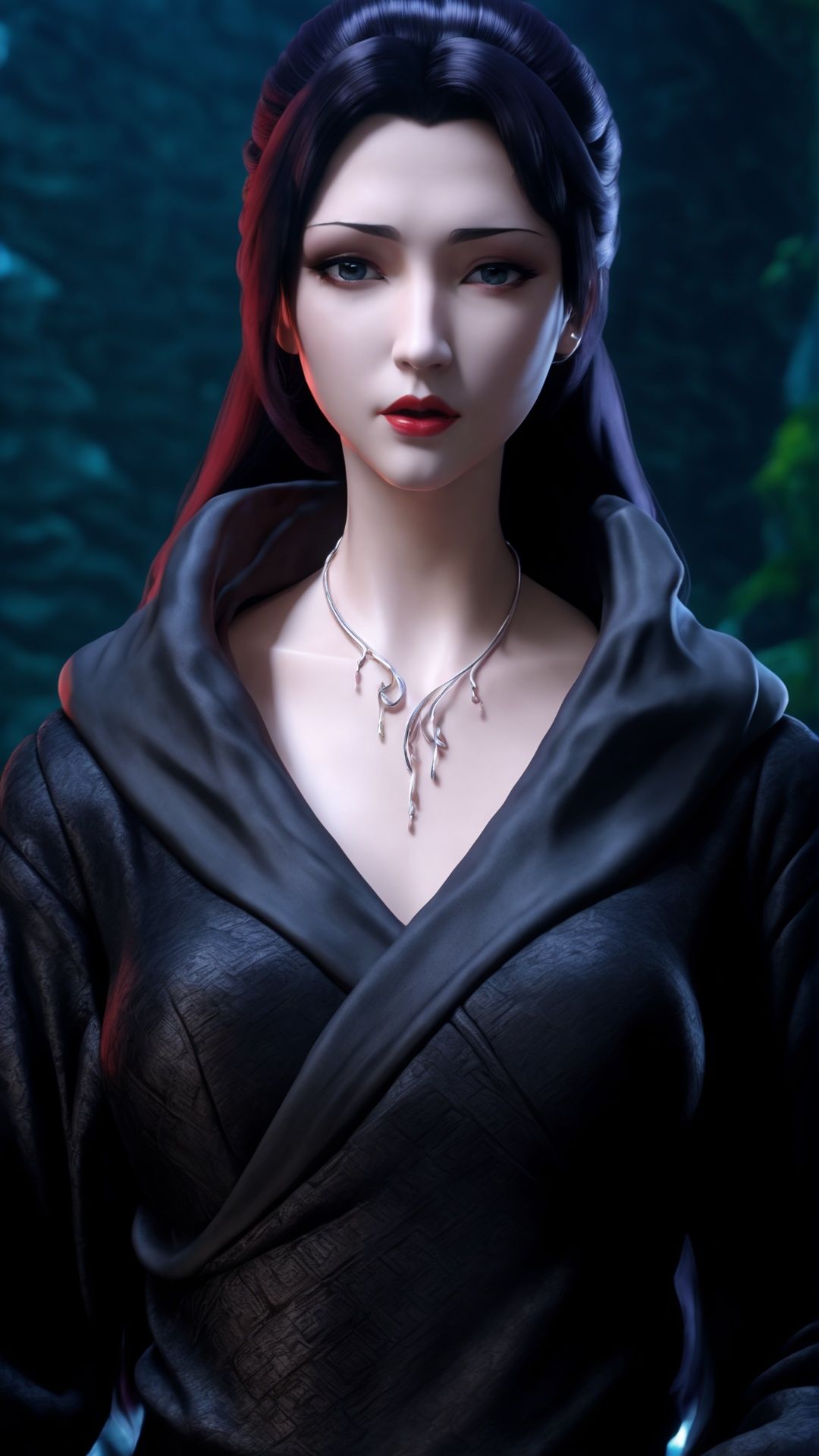 (8k, best quality, masterpiece), (ultra-detailed:1.1), (high detailed skin),1girl, black_robe, jewelry, lips, long_hair, necklace, nose, red_lips, solo