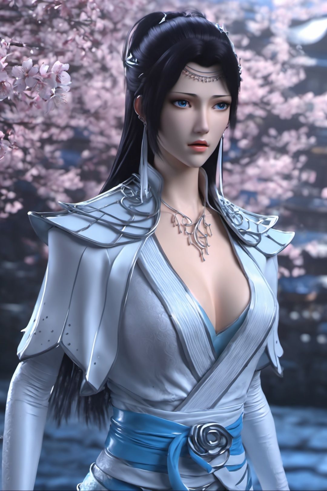 (8k, best quality, masterpiece), (ultra-detailed:1.1), (high detailed skin),1girl, armor, black_hair, blue_eyes, breasts, cherry_blossoms, cleavage, depth_of_field, earrings, flower, jewelry, lips, long_hair, looking_at_viewer, medium_breasts, motion_blur, outdoors, photo_\(medium\), solo, upper_body, water