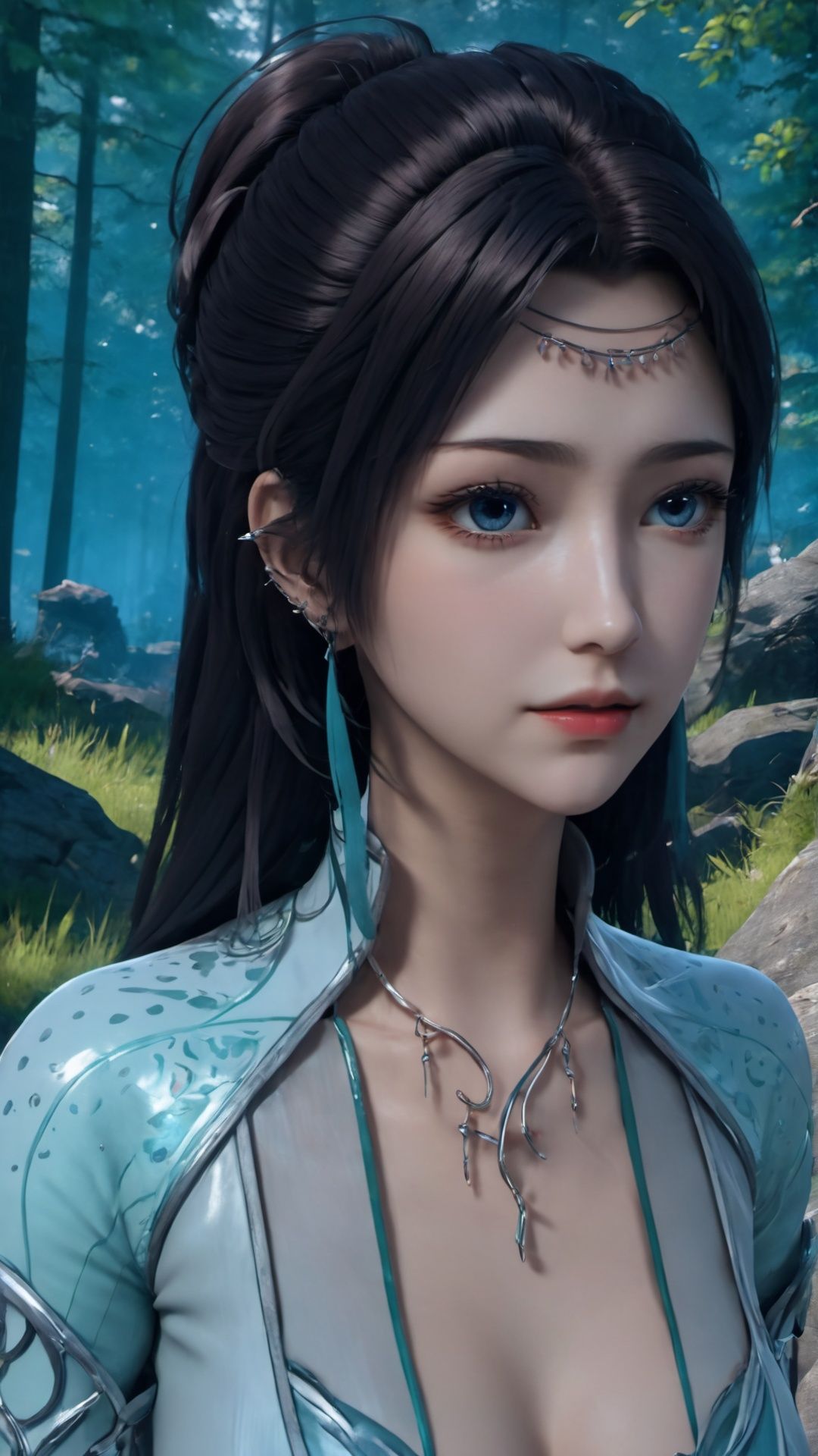 (8k, best quality, masterpiece), (ultra-detailed:1.1), (high detailed skin),1girl, blue_eyes, breasts, cleavage, depth_of_field, earrings, forest, jewelry, long_hair, looking_at_viewer, medium_breasts, nature, necklace, outdoors, realistic, solo, tree, upper_body, weapon
