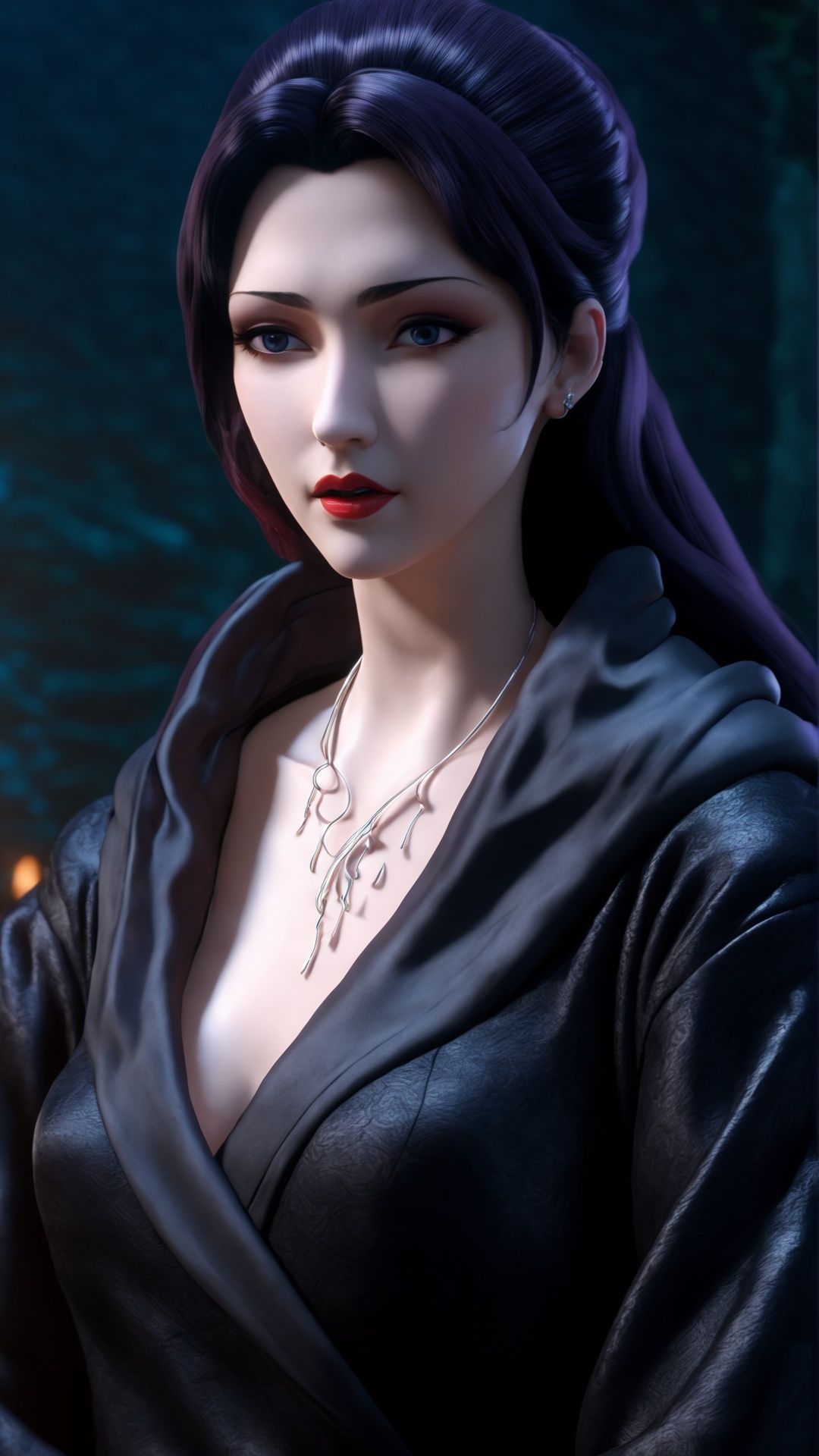 (8k, best quality, masterpiece), (ultra-detailed:1.1), (high detailed skin),1girl, black_robe, jewelry, lips, long_hair, necklace, nose, red_lips, solo