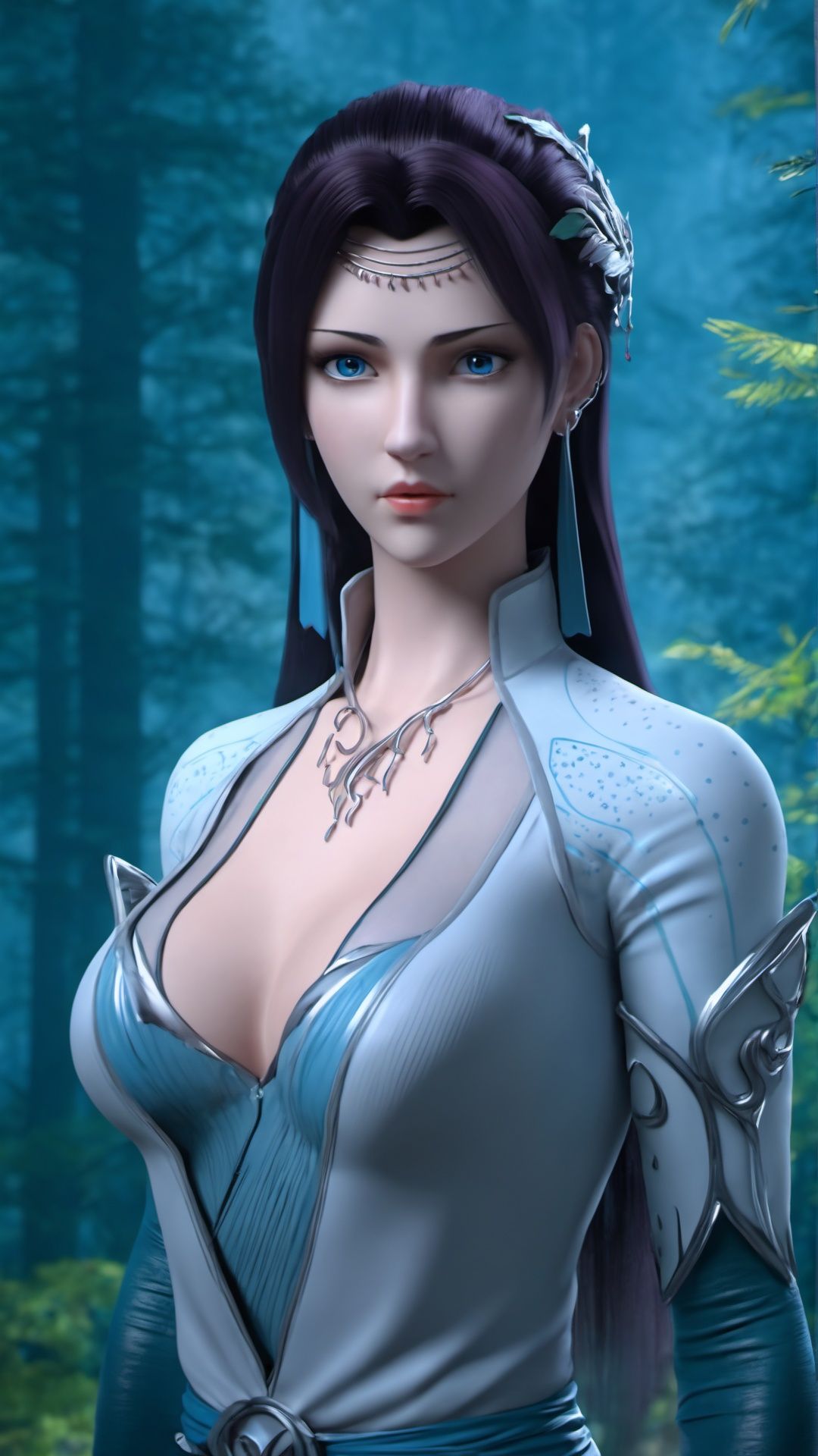 (8k, best quality, masterpiece), (ultra-detailed:1.1), (high detailed skin),1girl, blue_eyes, breasts, cleavage, depth_of_field, earrings, forest, jewelry, long_hair, looking_at_viewer, medium_breasts, nature, necklace, outdoors, realistic, solo, tree, upper_body, weapon