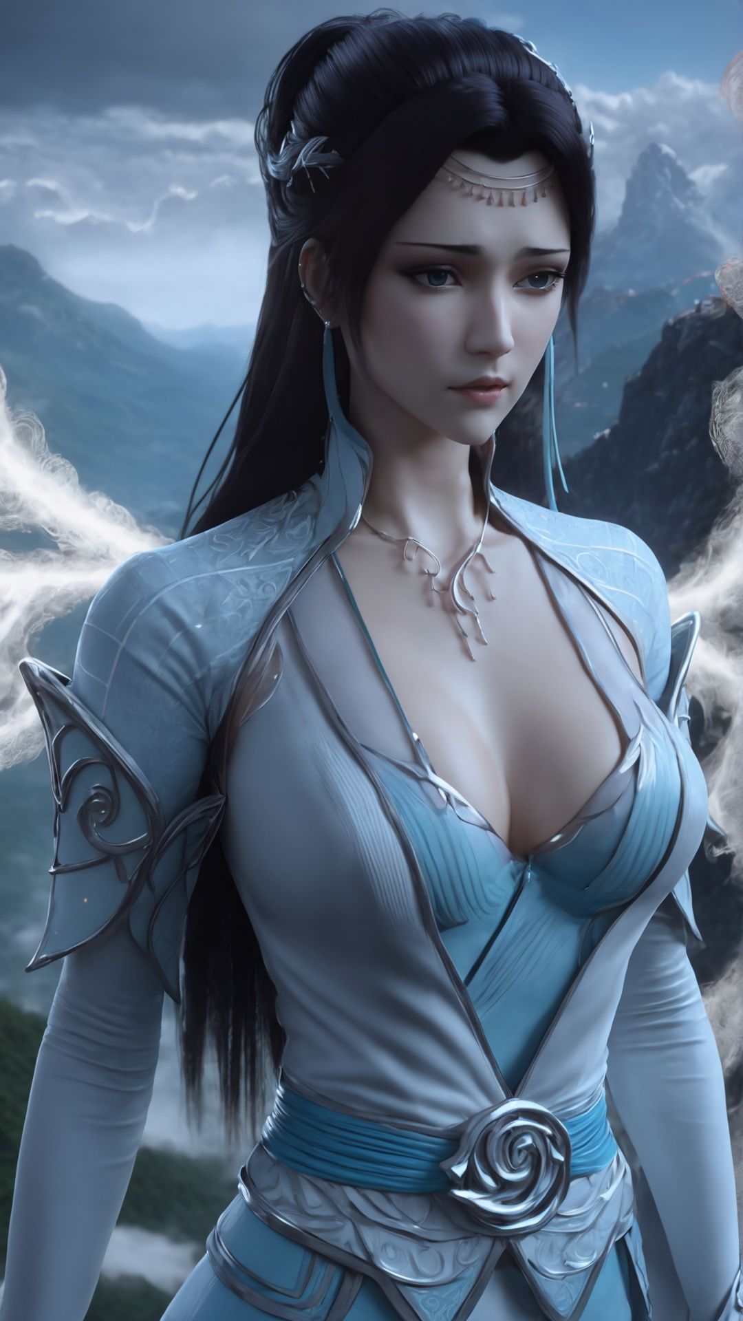 (8k, best quality, masterpiece), (ultra-detailed:1.1), (high detailed skin),1girl, breasts, cleavage, cloud, cloudy_sky, jewelry, long_hair, looking_at_viewer, mountain, sky, solo