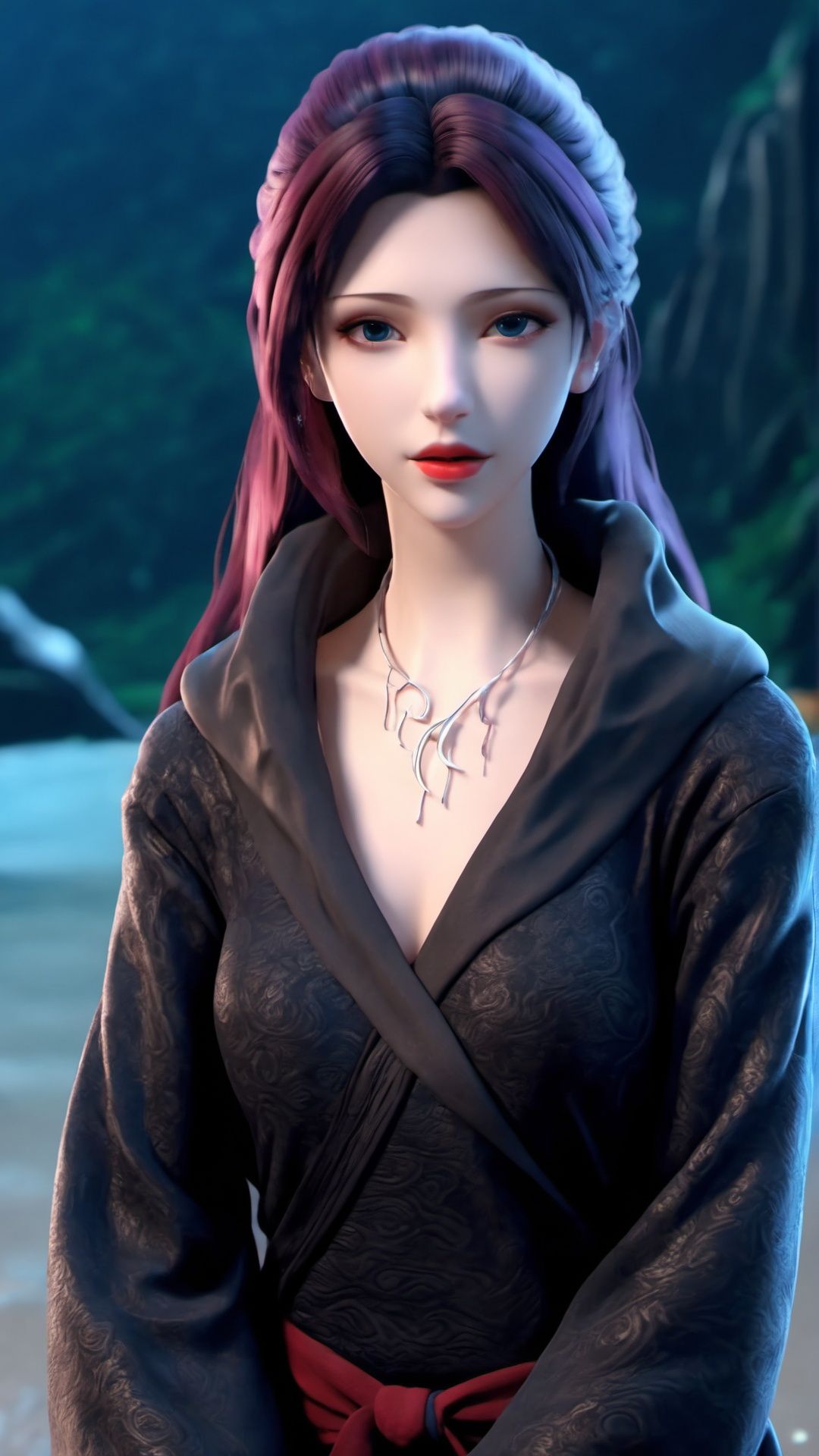 (8k, best quality, masterpiece), (ultra-detailed:1.1), (high detailed skin),1girl, black_robe, jewelry, lips, long_hair, necklace, nose, red_lips, solo