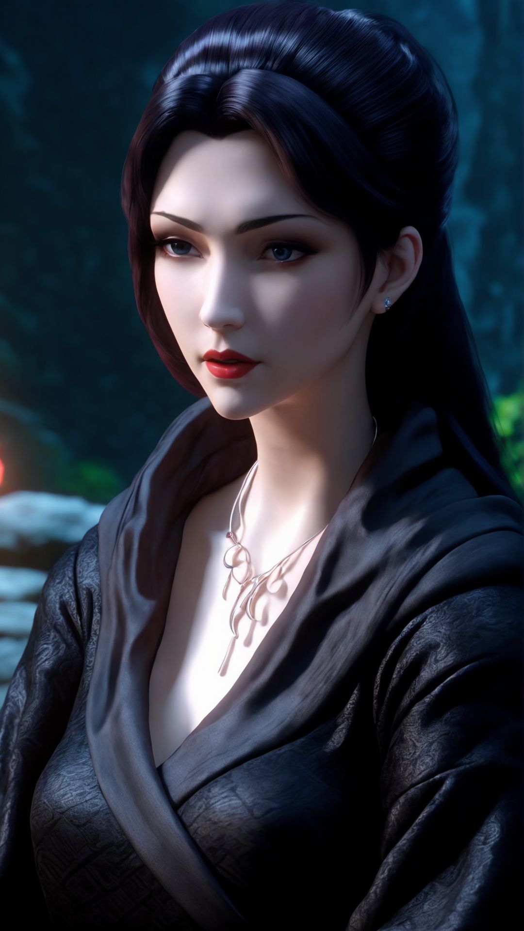 (8k, best quality, masterpiece), (ultra-detailed:1.1), (high detailed skin),1girl, black_robe, jewelry, lips, long_hair, necklace, nose, red_lips, solo