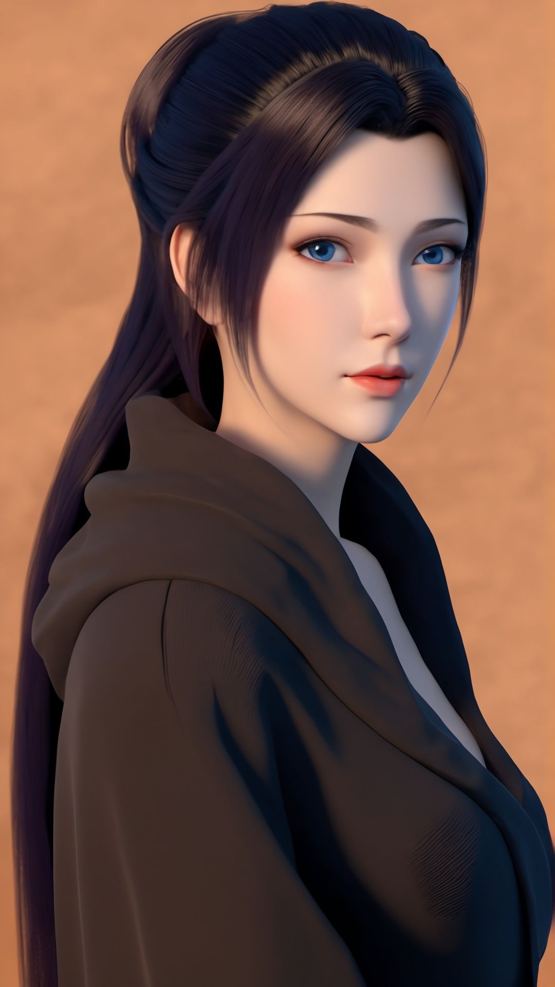 (8k, best quality, masterpiece), (ultra-detailed:1.1), (high detailed skin),1girl, black_robe, black_hair, blue_eyes, brown_background, closed_mouth, gradient, gradient_background, lips, looking_at_viewer, nose, orange_background, realistic, red_lips, long_hair, solo, upper_body