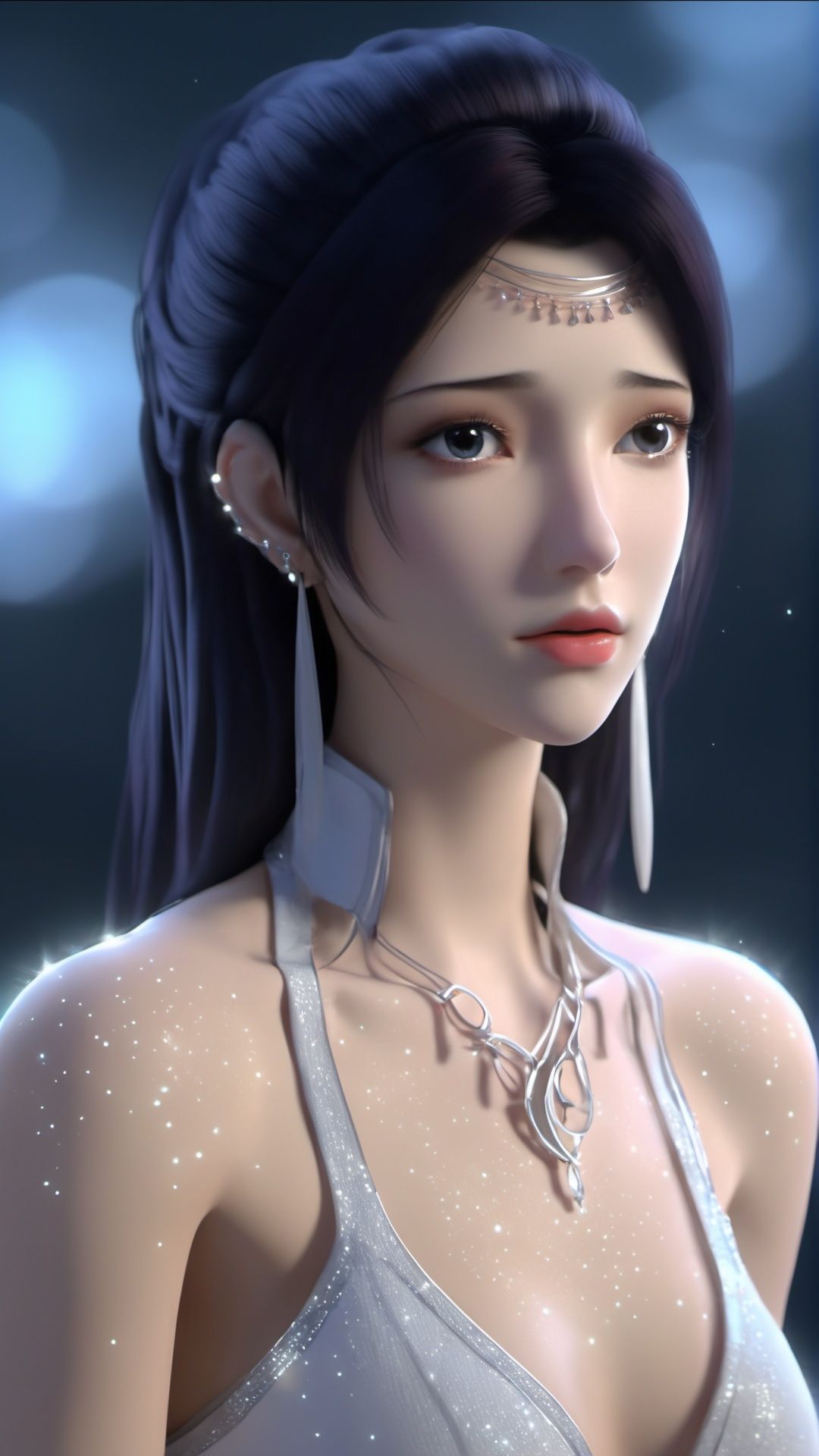 (8k, best quality, masterpiece), (ultra-detailed:1.1), (high detailed skin),1girl, bare_shoulders, black_hair, glowing, light_particles, collarbone, depth_of_field, earrings, jewelry, lips, nose, profile, realistic, solo, upper_body