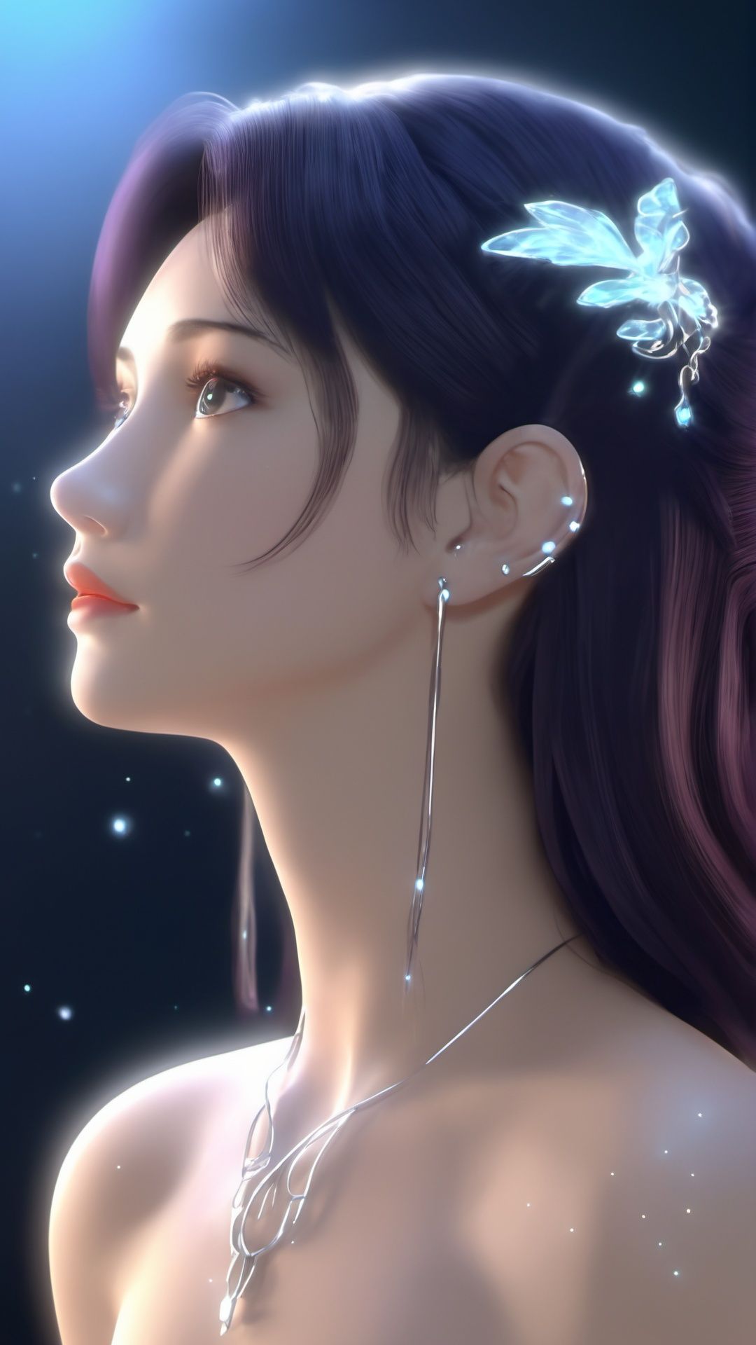 (8k, best quality, masterpiece), (ultra-detailed:1.1), (high detailed skin),1girl, bare_shoulders, black_hair, glowing, light_particles, collarbone, depth_of_field, earrings, jewelry, lips, nose, profile, realistic, solo, upper_body