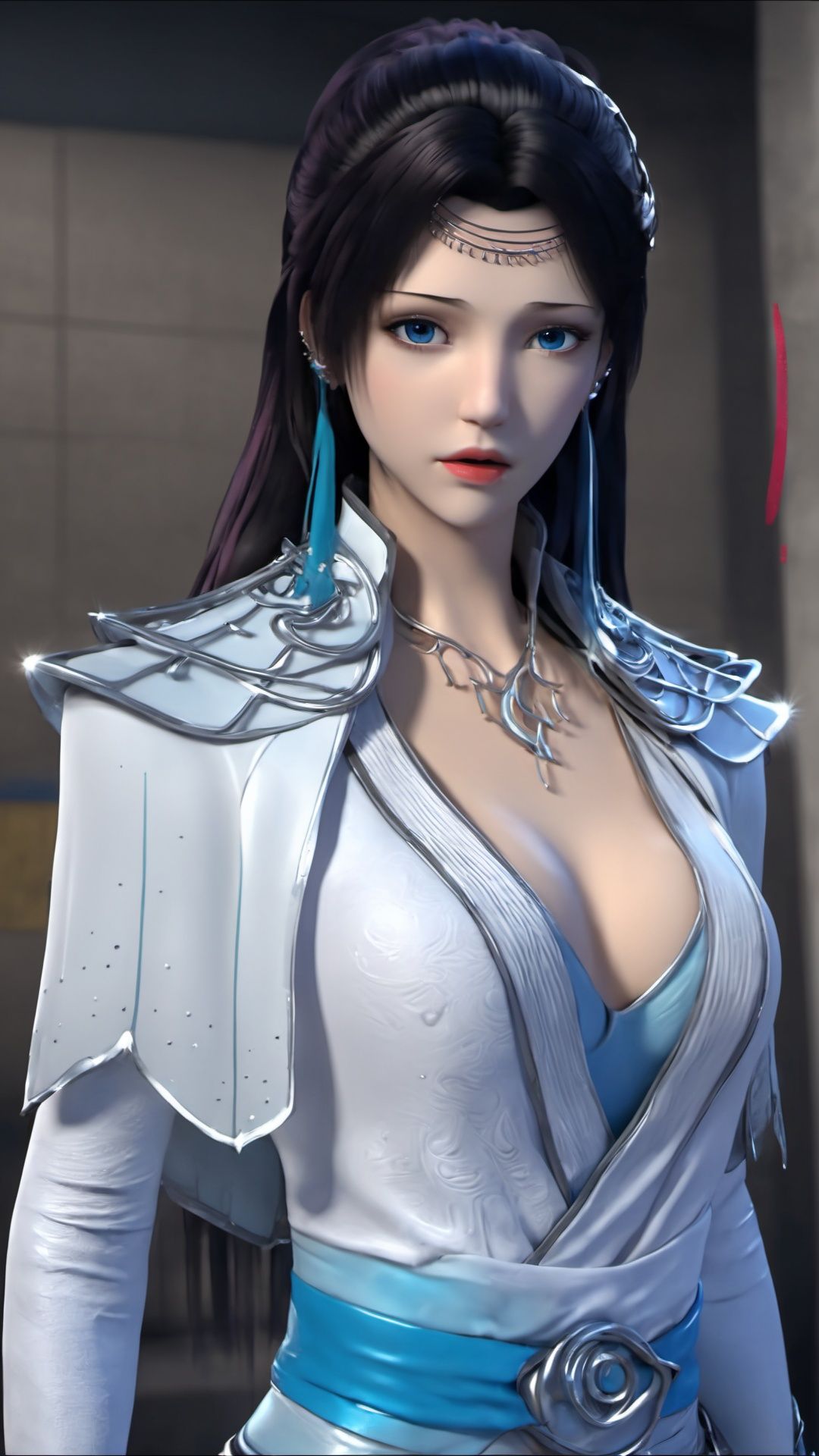 (8k, best quality, masterpiece), (ultra-detailed:1.1), (high detailed skin),1girl, armor, black_hair, blue_eyes, breasts, cleavage, cowboy_shot, earrings, jewelry, lips, lipstick, long_hair, looking_at_viewer, makeup, medium_breasts, solo