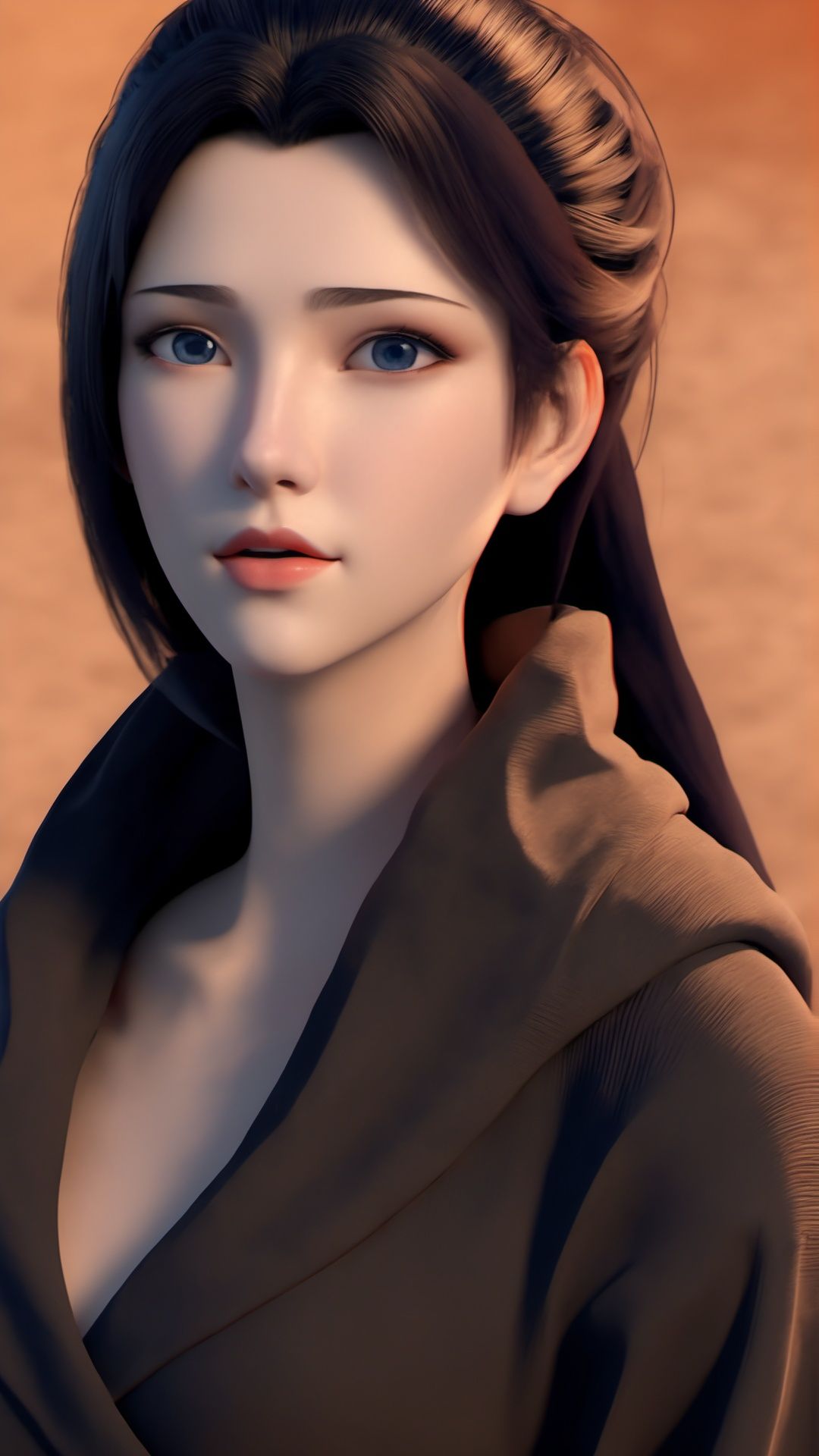 (8k, best quality, masterpiece), (ultra-detailed:1.1), (high detailed skin),1girl, black_robe, black_hair, blue_eyes, brown_background, closed_mouth, gradient, gradient_background, lips, looking_at_viewer, nose, orange_background, realistic, red_lips, long_hair, solo, upper_body