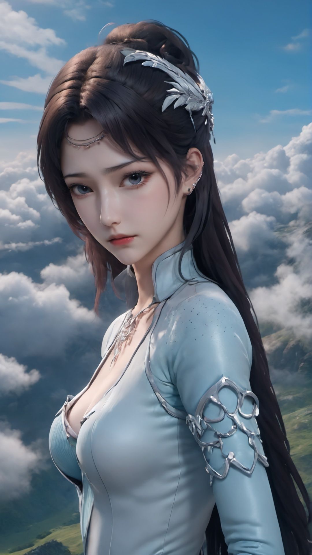 (8k, best quality, masterpiece), (ultra-detailed:1.1), (high detailed skin),1girl, breasts, cleavage, cloud, cloudy_sky, jewelry, long_hair, looking_at_viewer, mountain, sky, solo