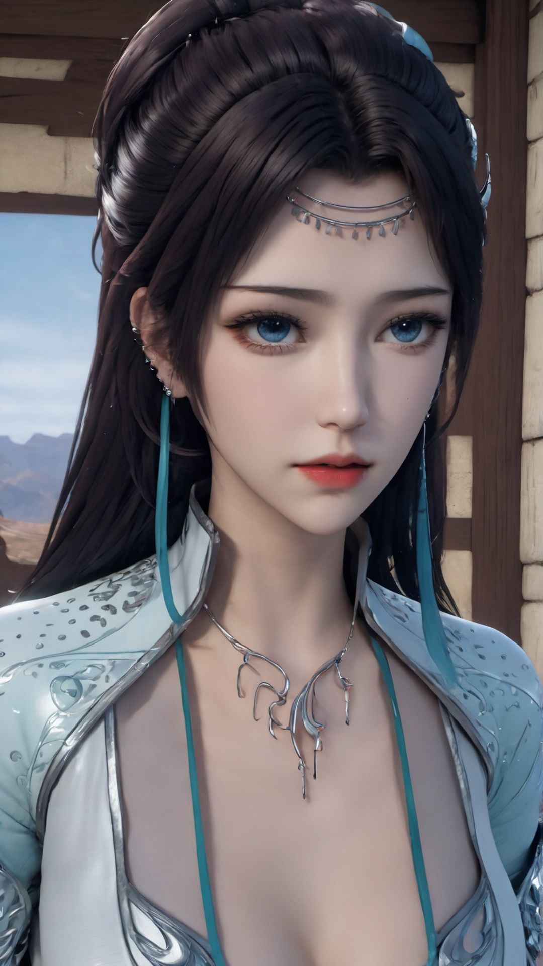 (8k, best quality, masterpiece), (ultra-detailed:1.1), (high detailed skin),1girl, armor, black_hair, blue_eyes, breasts, cleavage, cowboy_shot, earrings, jewelry, lips, lipstick, long_hair, looking_at_viewer, makeup, medium_breasts, solo