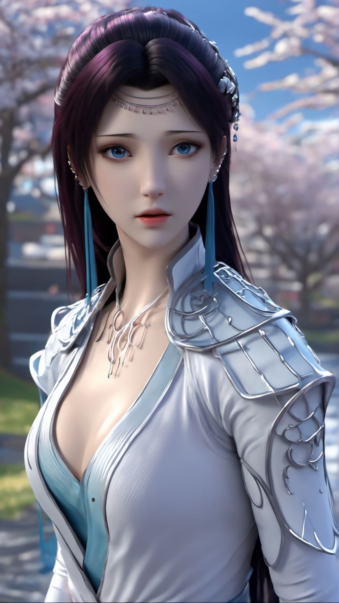 (8k, best quality, masterpiece), (ultra-detailed:1.1), (high detailed skin),1girl, armor, black_hair, blue_eyes, breasts, cherry_blossoms, cleavage, depth_of_field, earrings, flower, jewelry, lips, long_hair, looking_at_viewer, medium_breasts, motion_blur, outdoors, photo_\(medium\), solo, upper_body, water