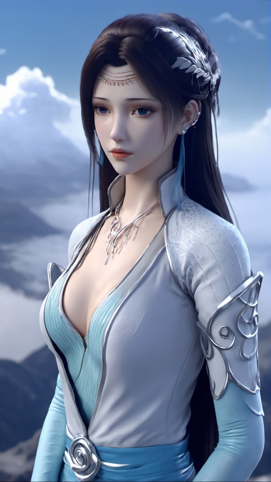 (8k, best quality, masterpiece), (ultra-detailed:1.1), (high detailed skin),1girl, breasts, cleavage, cloud, cloudy_sky, jewelry, long_hair, looking_at_viewer, mountain, sky, solo