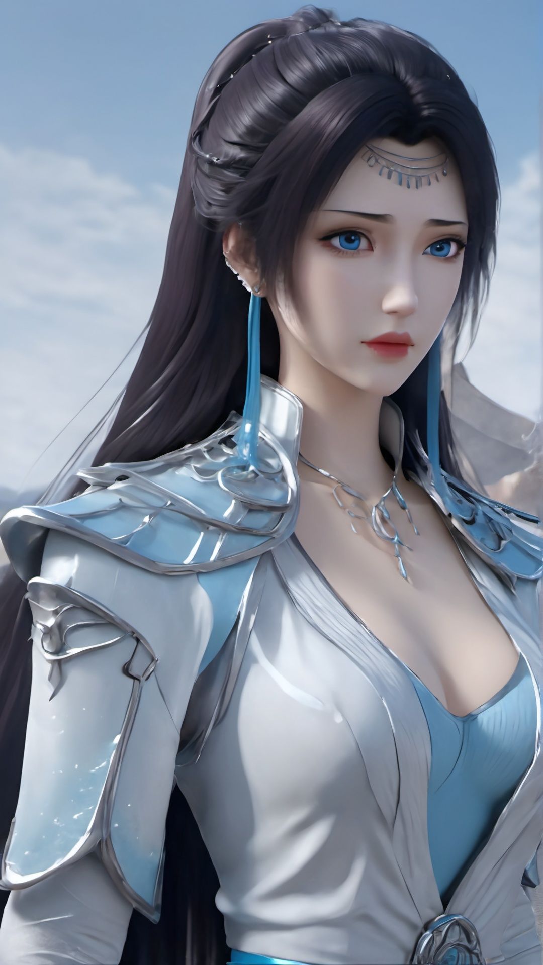 (8k, best quality, masterpiece), (ultra-detailed:1.1), (high detailed skin),1girl, armor, black_hair, blue_eyes, breasts, cleavage, cowboy_shot, earrings, jewelry, lips, lipstick, long_hair, looking_at_viewer, makeup, medium_breasts, solo