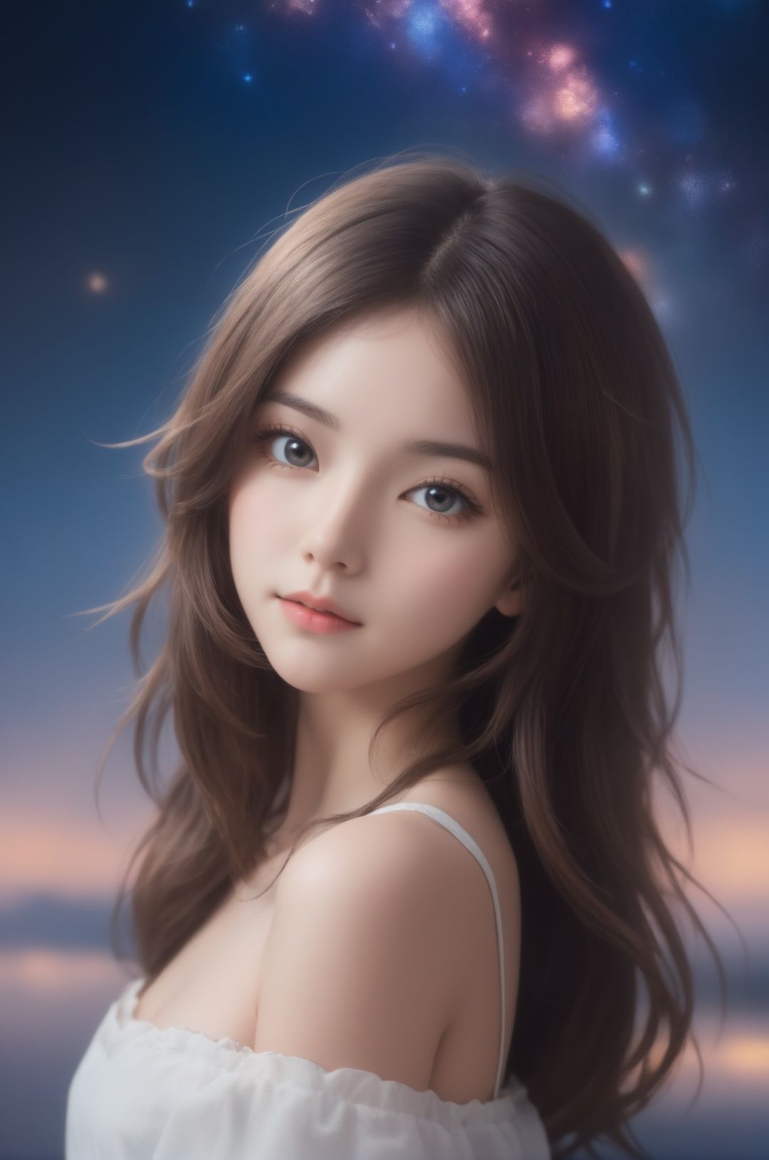 wallpaper,huge filesize,1girl,upper_body,looking_at_viewer,stars in the eyes, messy floating hair, colored inner hair, Starry sky adorns hair, depth of field,