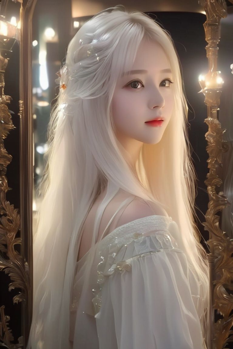 best quality,masterpiece,highres,cg,1girl,Photograph,high resolution,8k,mirror selfie,photo of a petite pretty 24 year-old woman with white long hair,anime art,dark,Gothic,Dingdall effect