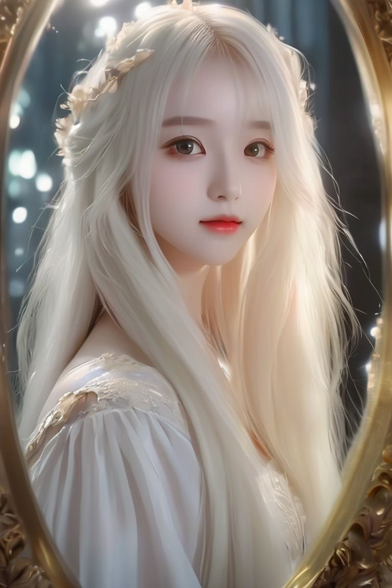 best quality,masterpiece,highres,cg,1girl,Photograph,high resolution,8k,mirror selfie,photo of a petite pretty 24 year-old woman with white long hair,anime art,dark,Gothic,Dingdall effect